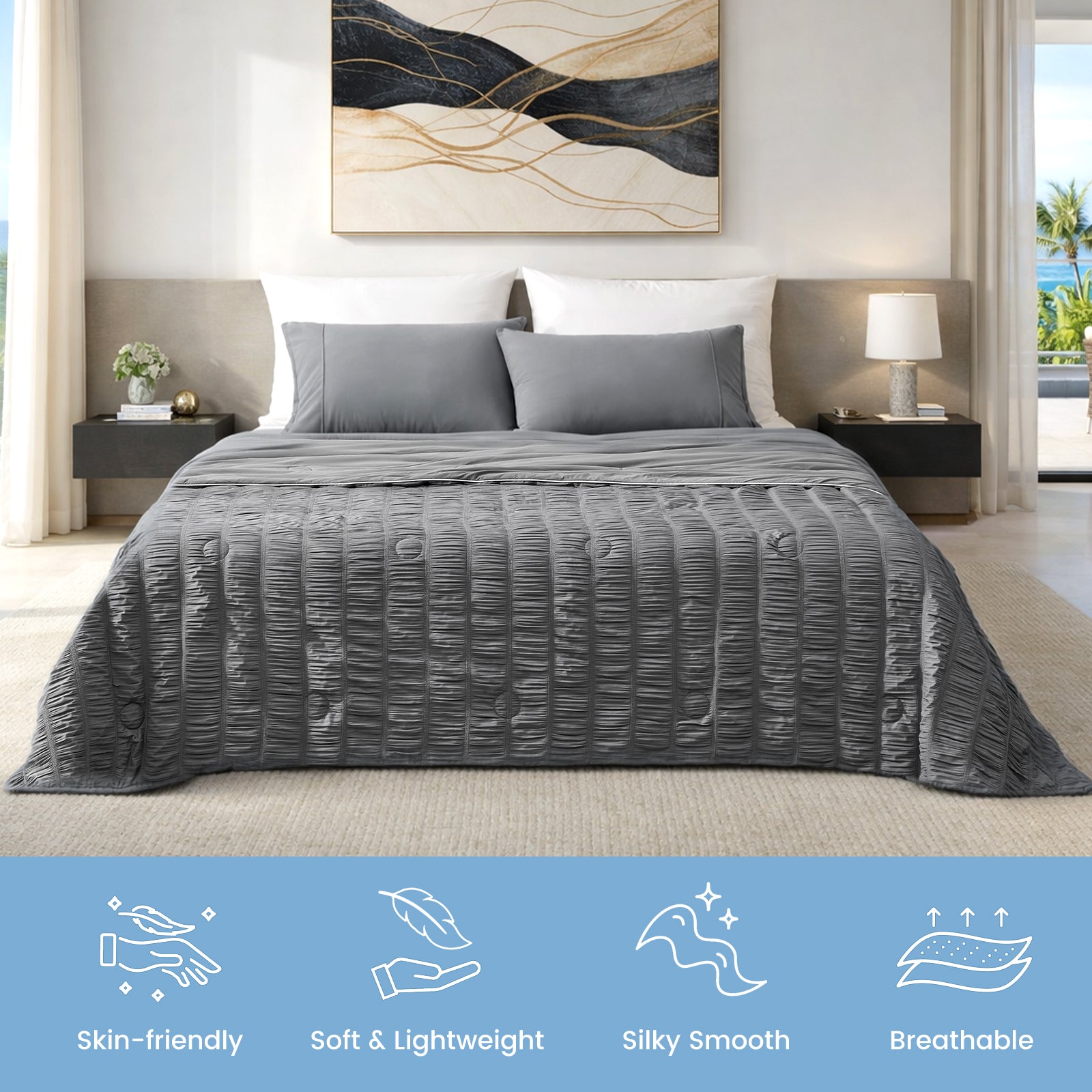The features of Cozy Bliss dark grey vertical striped seersucker cooling comforter. #color_Charcoal Grey