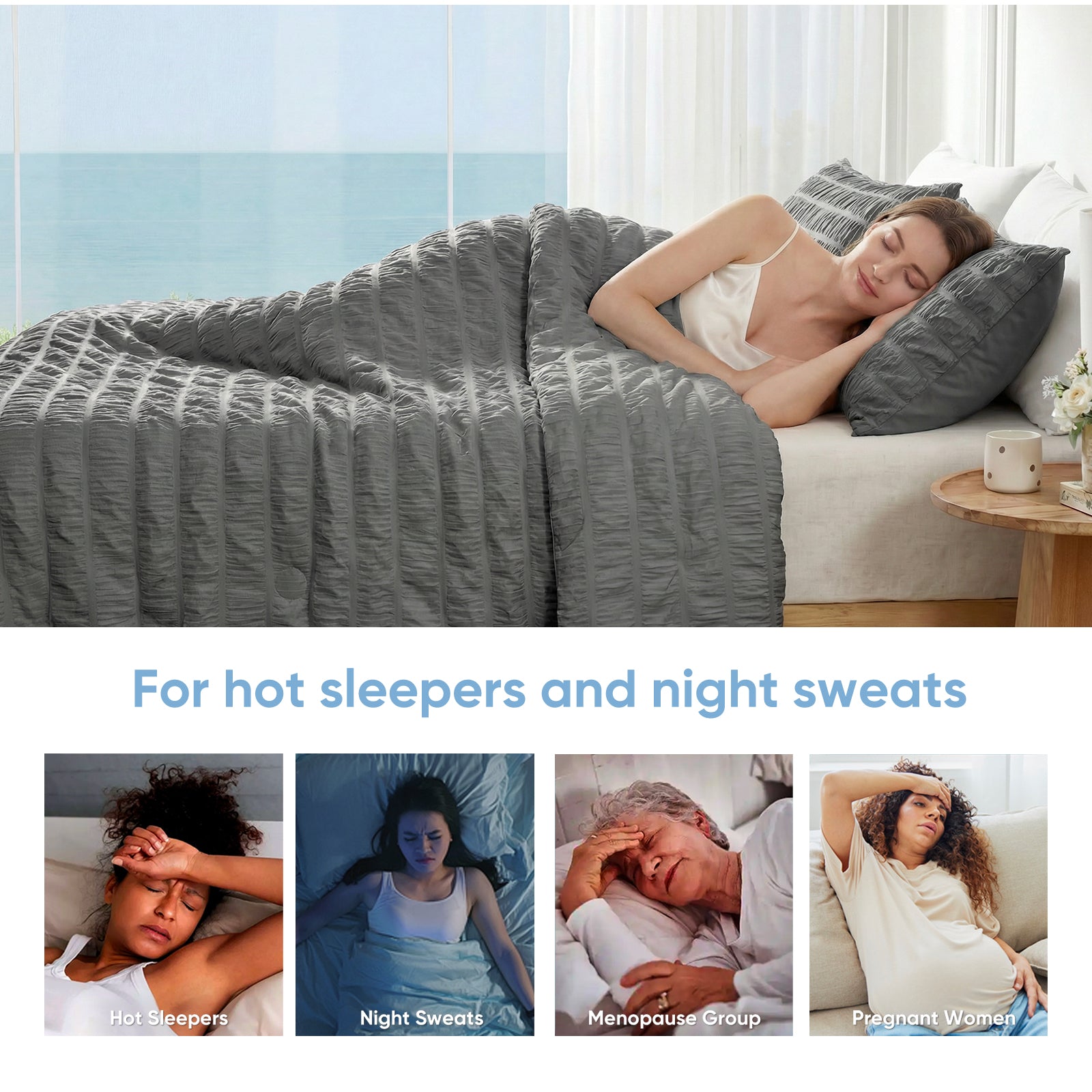 Cozy Bliss dark grey vertical striped seersucker cooling comforter is designed for hot sleepers. #color_Charcoal Grey