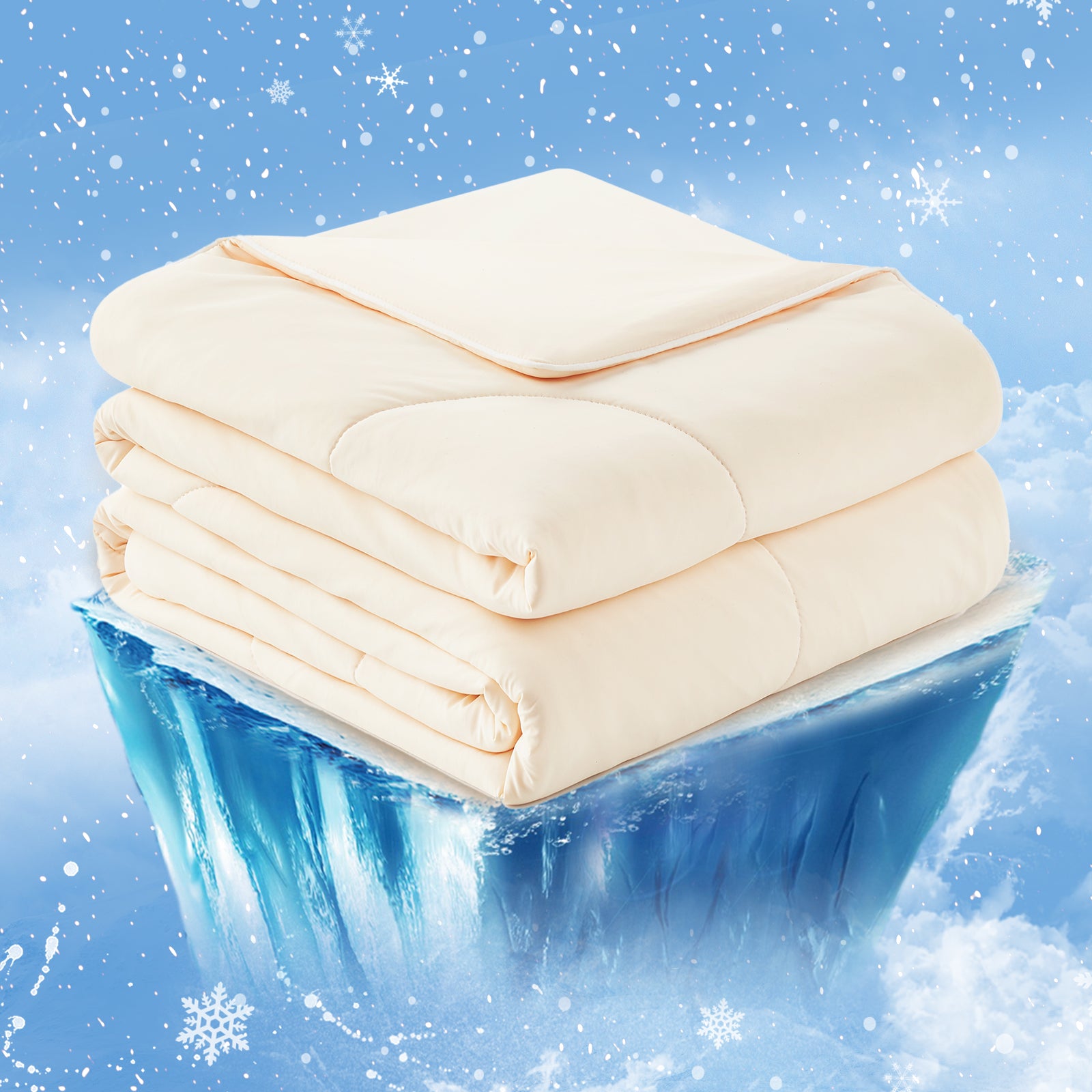 Cozy Bliss cooling comforter in light beige, perfect for hot sleepers, providing breathable comfort, on ice. #Color_Yellow