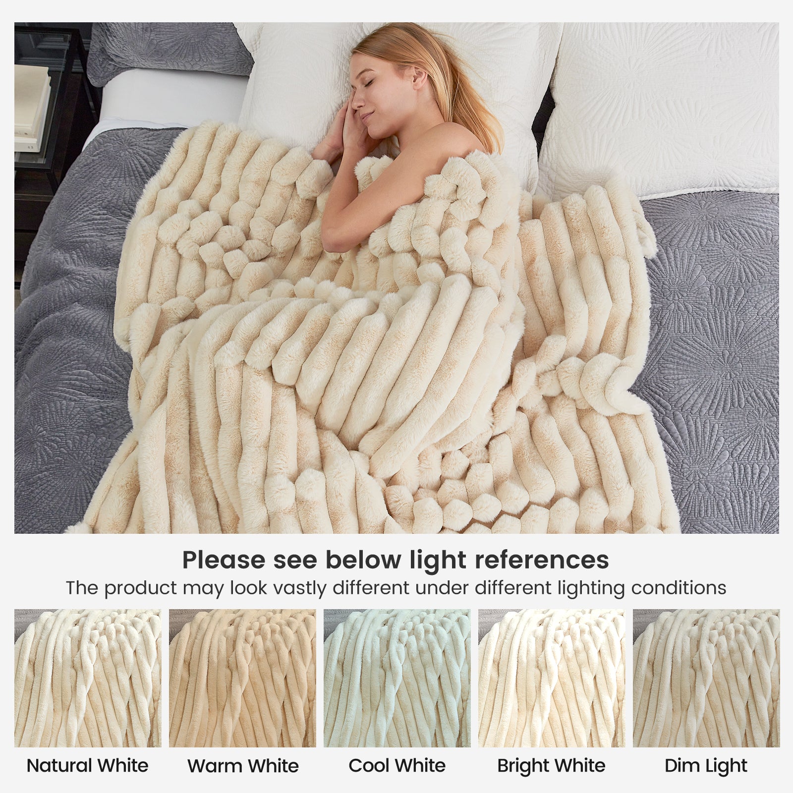 Striped faux fur blanket in beige with woman, color variations in different lights, cozy bedding #color_Beige