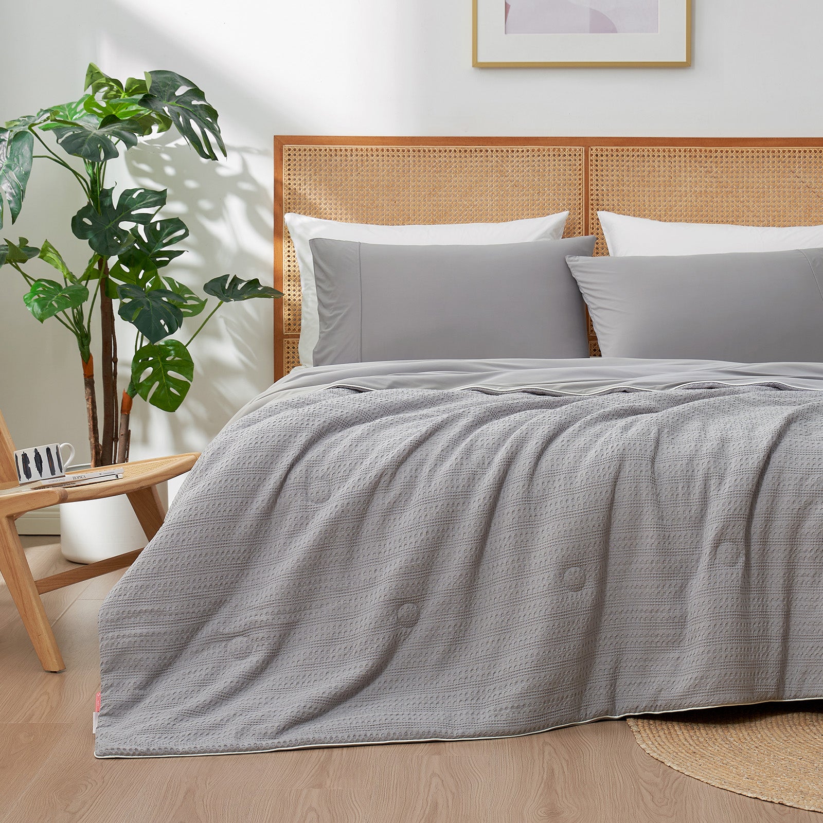 Grey Sorona® Natural Fiber Waffle Cooling Comforter front view.#color_Grey