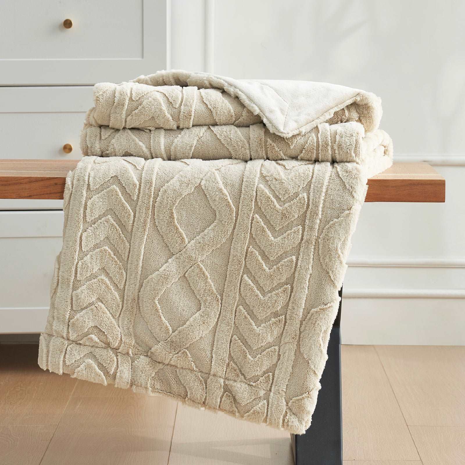 Cozy Bliss cable knit faux fur blanket, premium comforters #color_Khaki