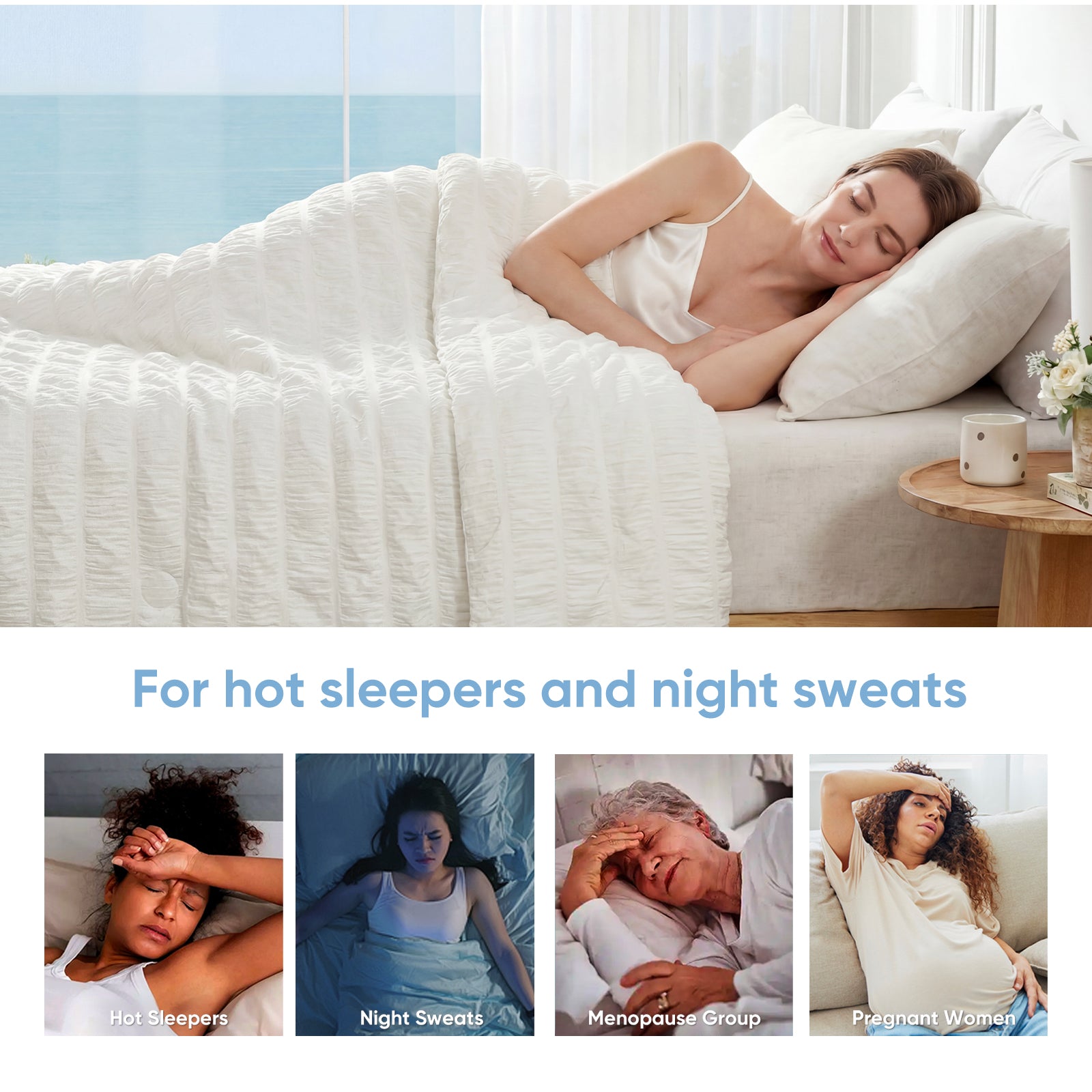 Cozy Bliss white vertical striped seersucker cooling comforter is designed for hot sleepers. #color_White