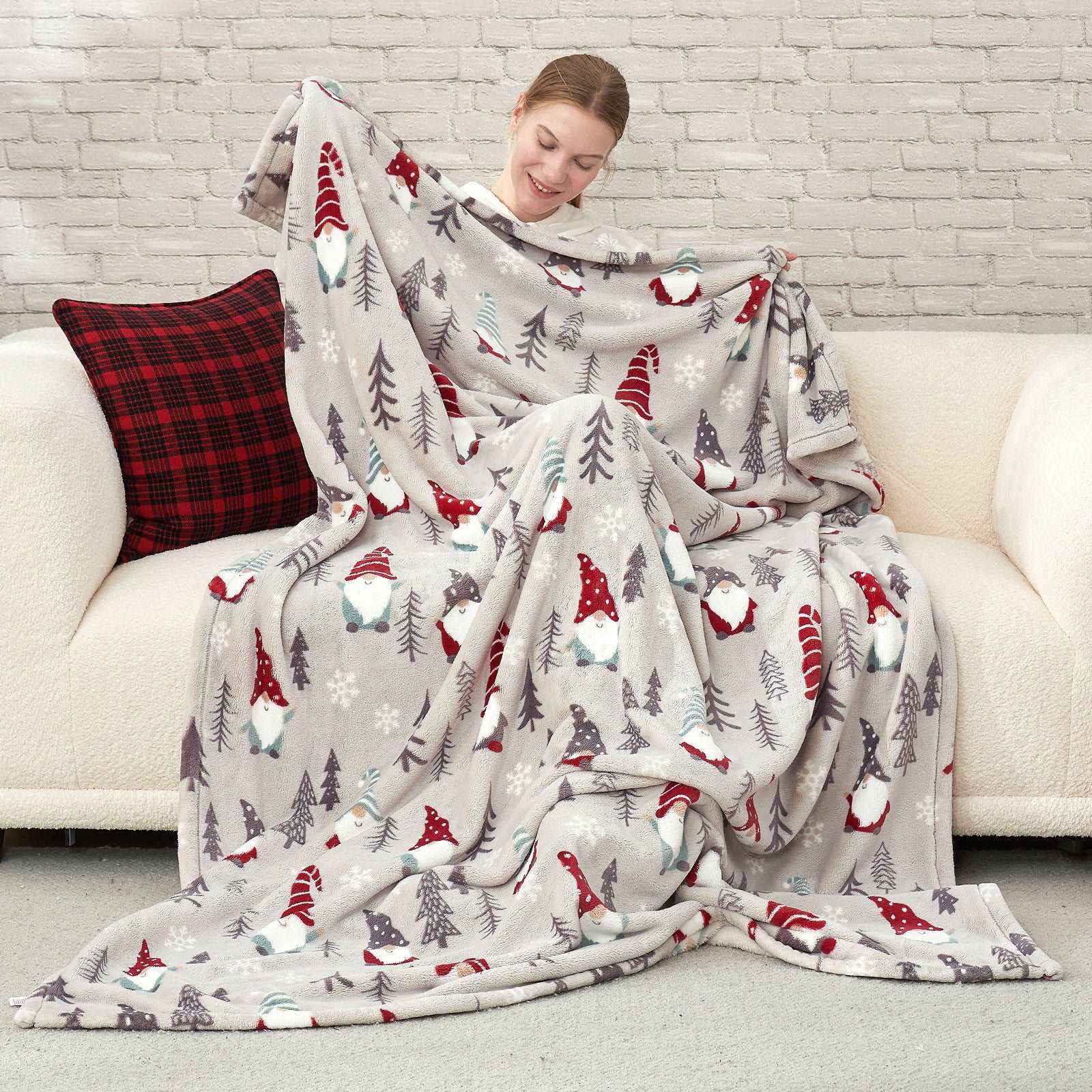 Gnomes MilkyPlush throw blanket on couch, soft and cozy. Perfect for Christmas gifts and snuggling. #color_ Classic Gnome