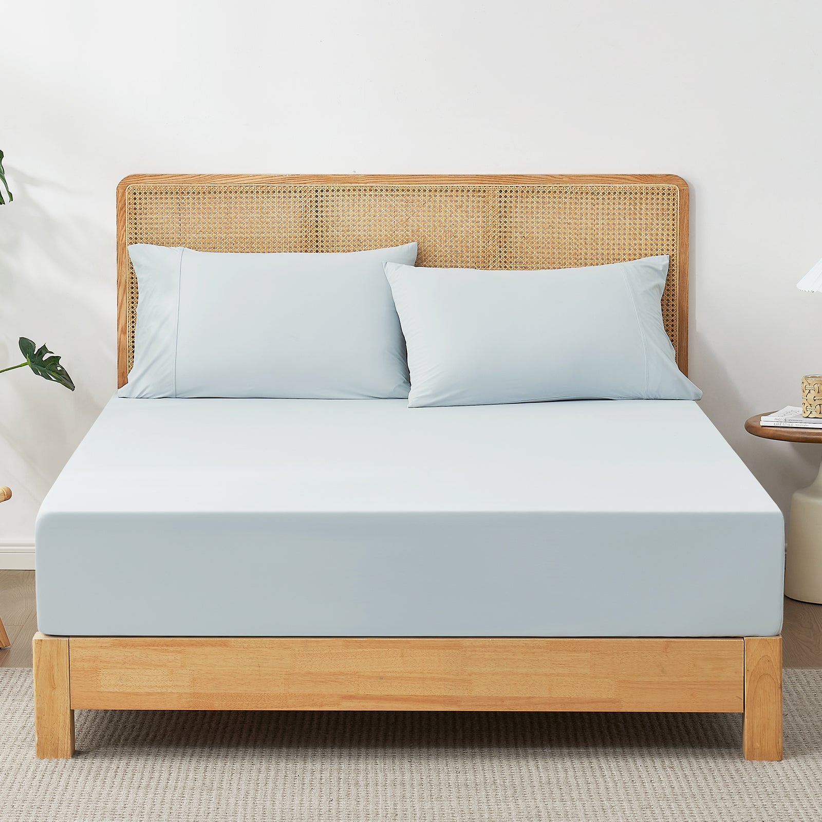 Blue cooling fitted sheet set on bed with pillowcases, cozy bedding #Color_Cool Blue