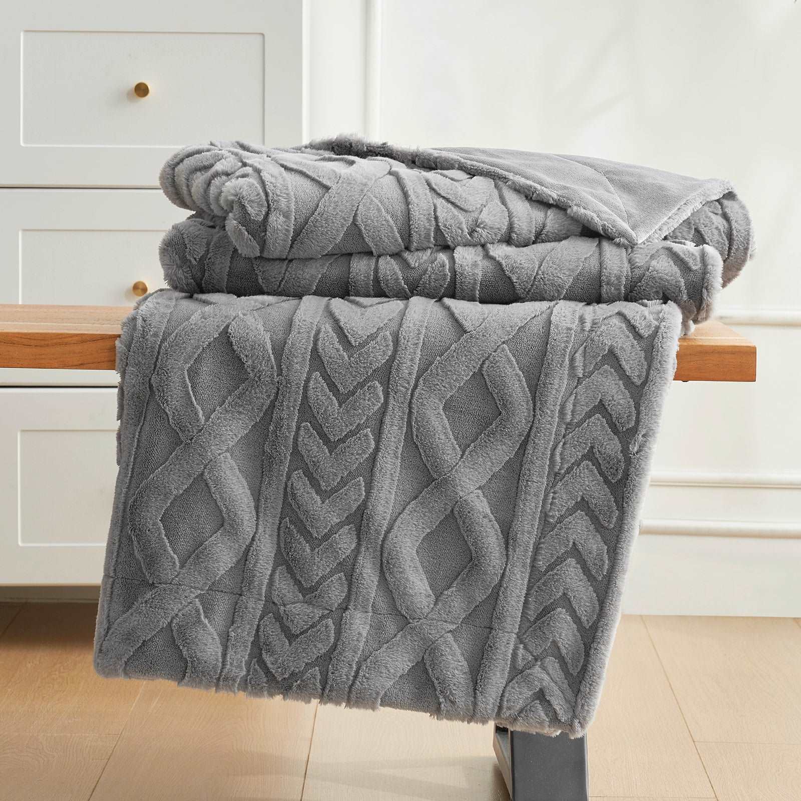 Gray cable knit faux fur throw blanket, cozy blanket, soft blanket for home decor #color_Grey