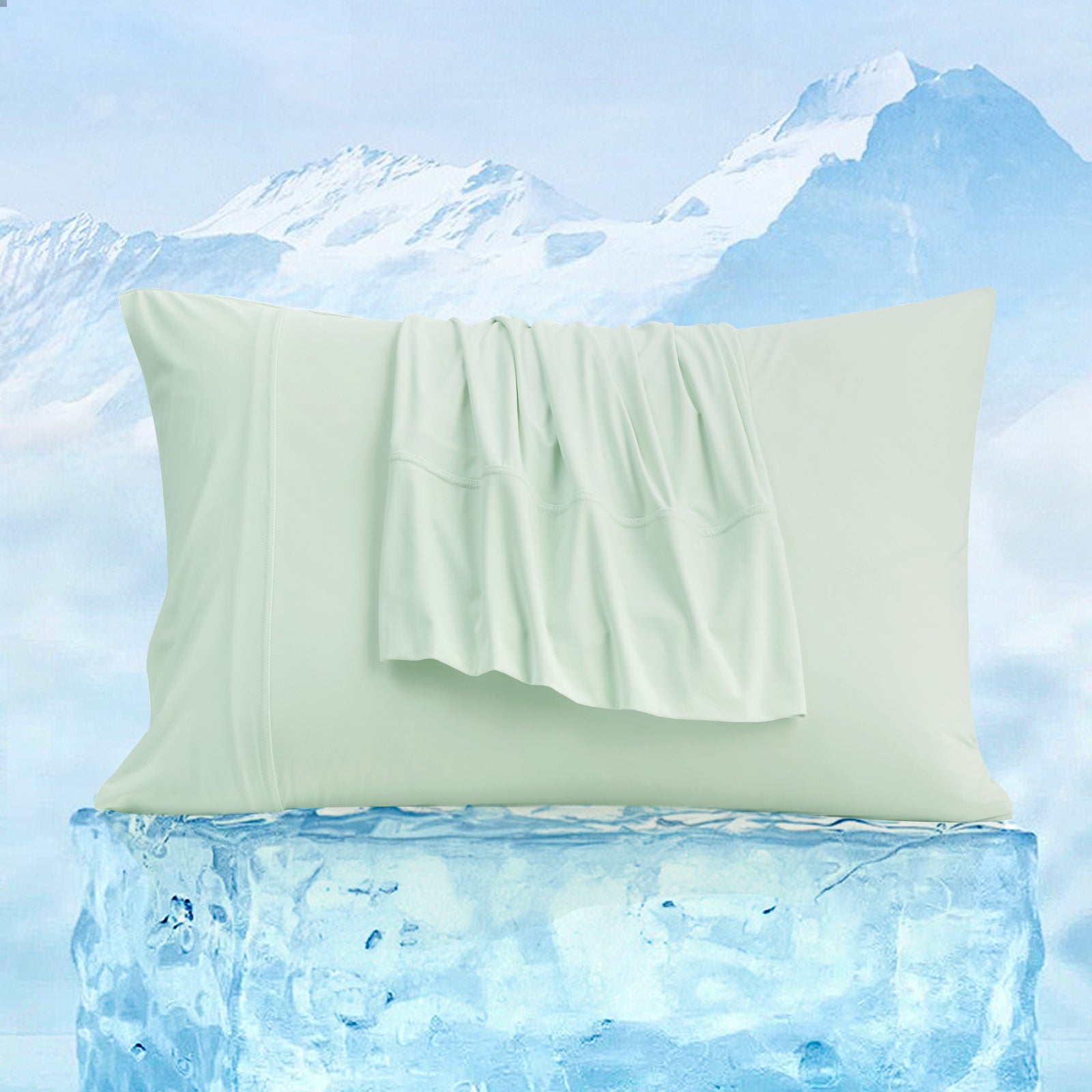 Mint cooling pillowcase on ice, promoting comfortable sleep. Breathable and cozy bedding. #color_Green