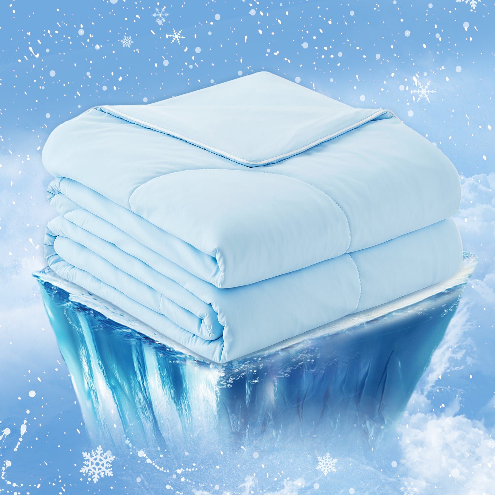 Light blue Cozy Bliss cooling comforter on iceberg. Breathable bedding for hot sleepers #Color_Sky Blue
