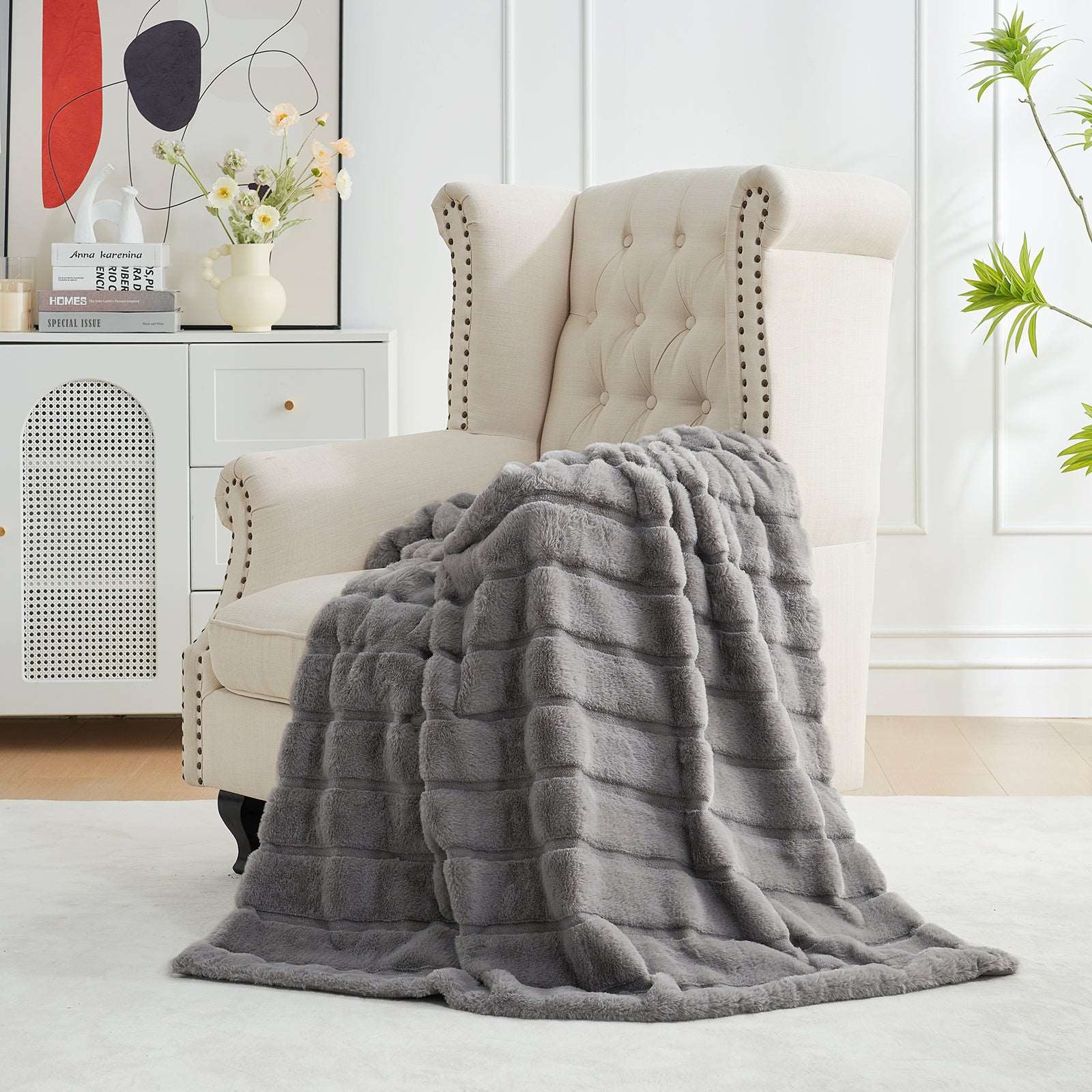 Cozy Bliss gray faux fur throw blanket on armchair, home decor #color_Grey