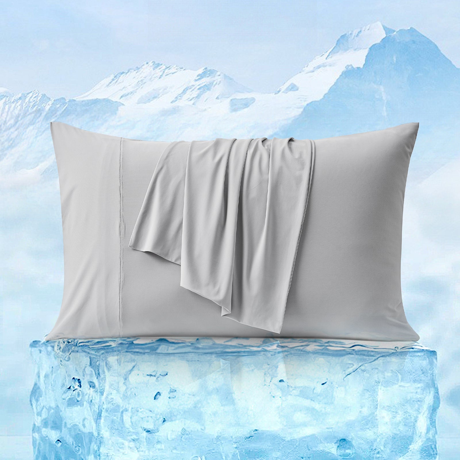 Gray Cooling Pillowcase on Ice, promoting cool and comfortable sleep. Breathable and Cozy bedding. #color_Light Grey