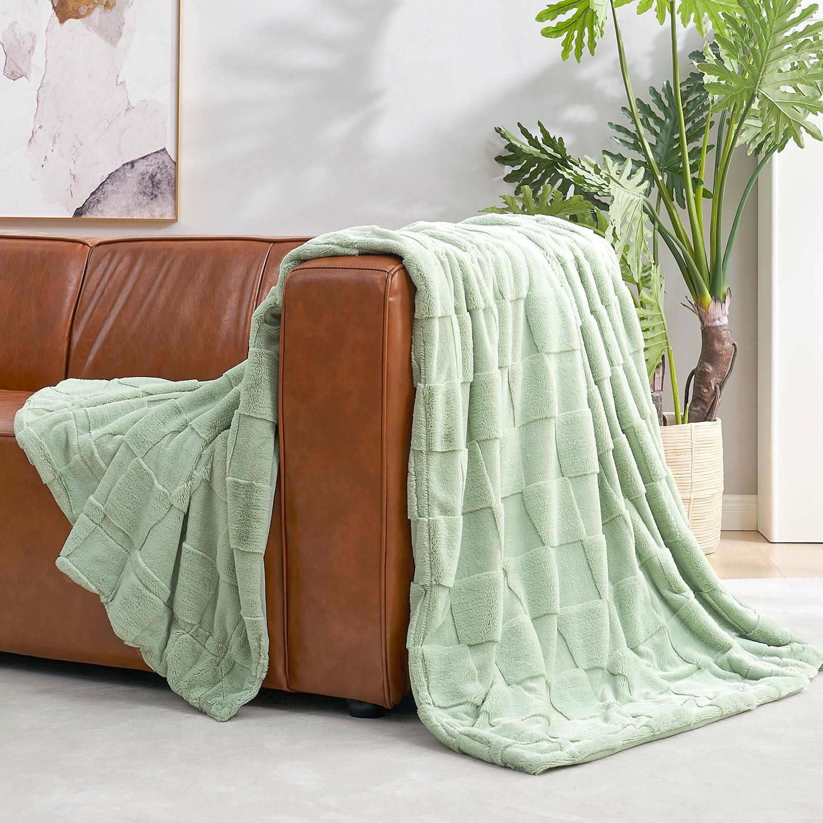 Green checkered faux fur blanket on brown sofa, cozy home decor #color_Sage Green