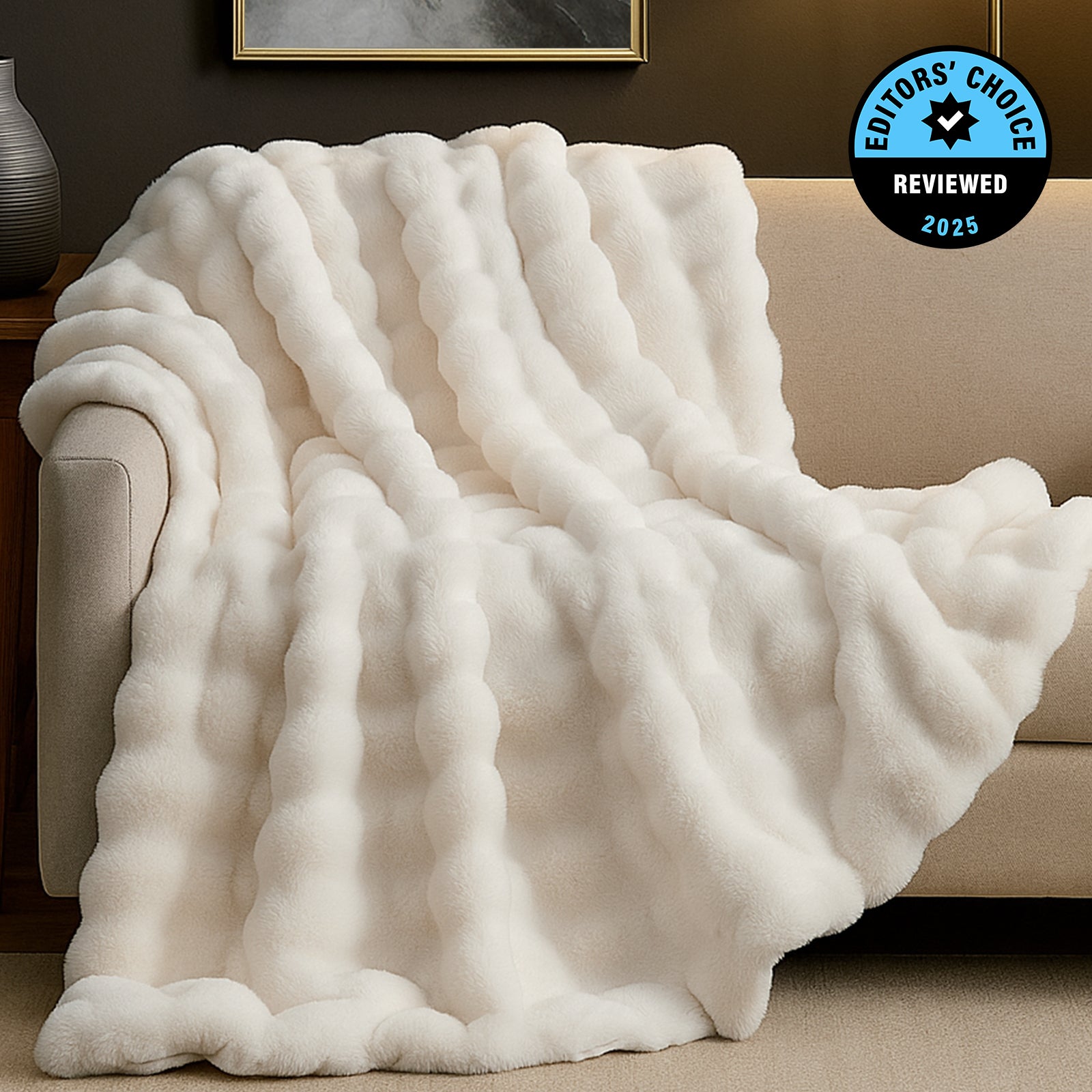 Cozy Bliss Luxurious Bubble Faux Fur Throw Blanket in white front view #color_Cream White