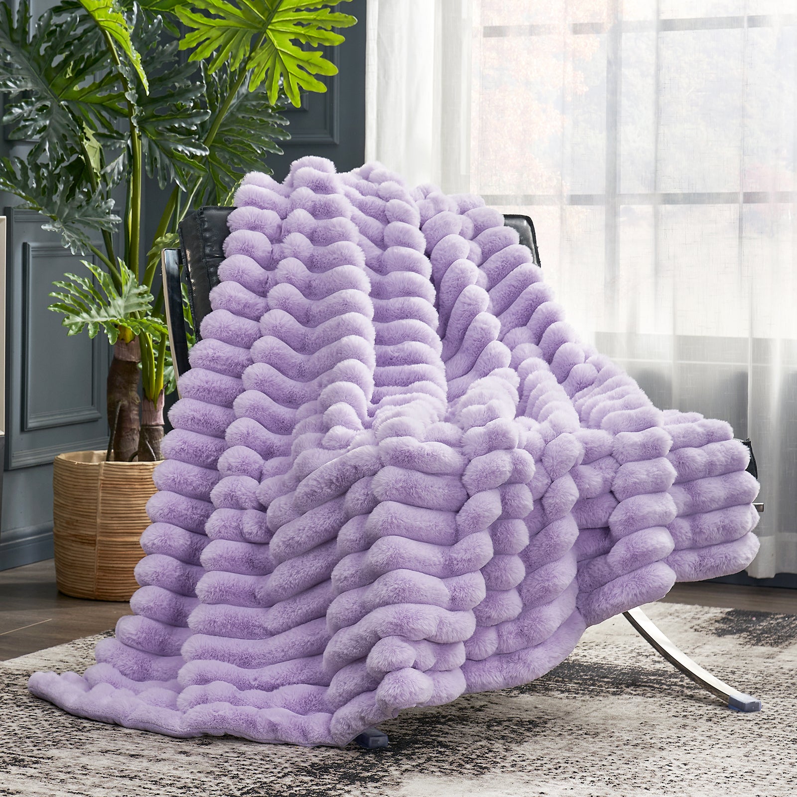 Cozy Bliss striped faux fur blanket in light purple, cozy blanket for comfortable sleep #color_Lavender Purple