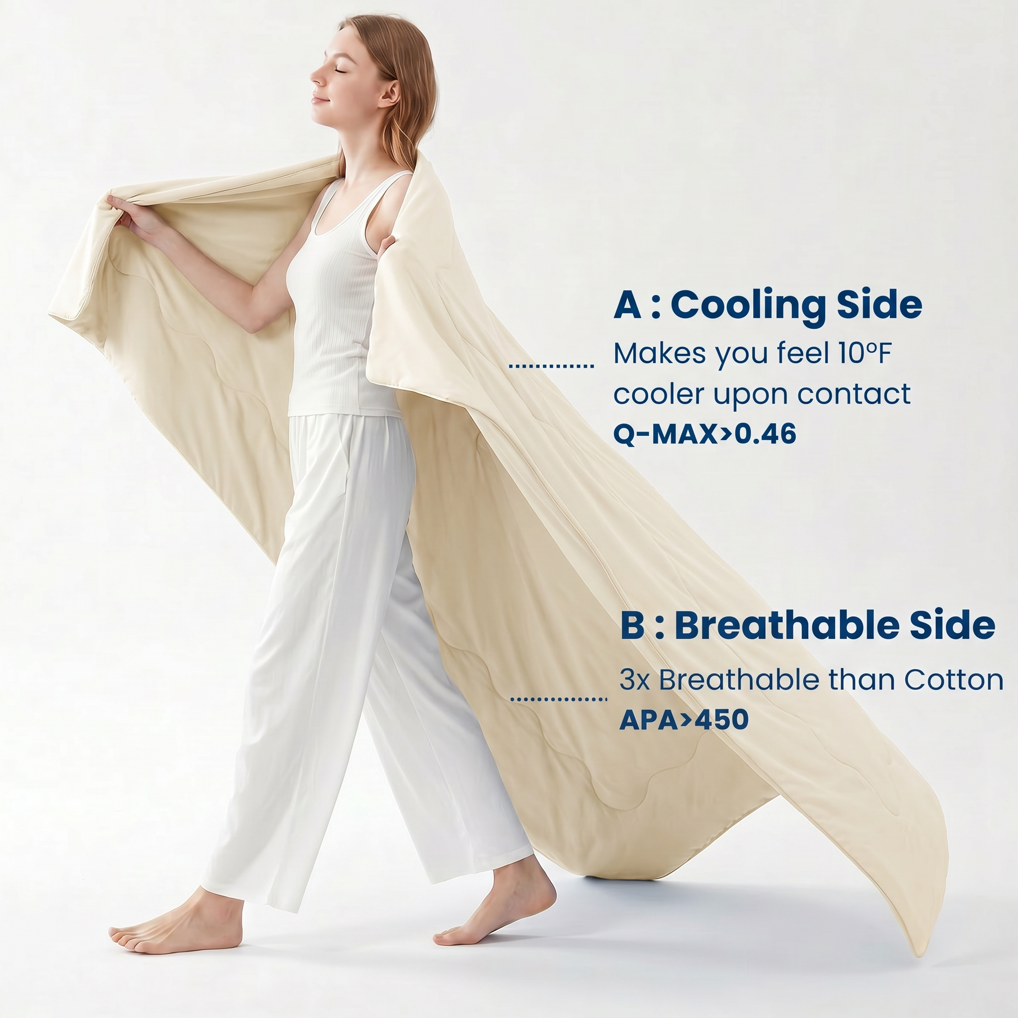 Woman holding a beige cooling comforter with text on a white background#color_Khaki
