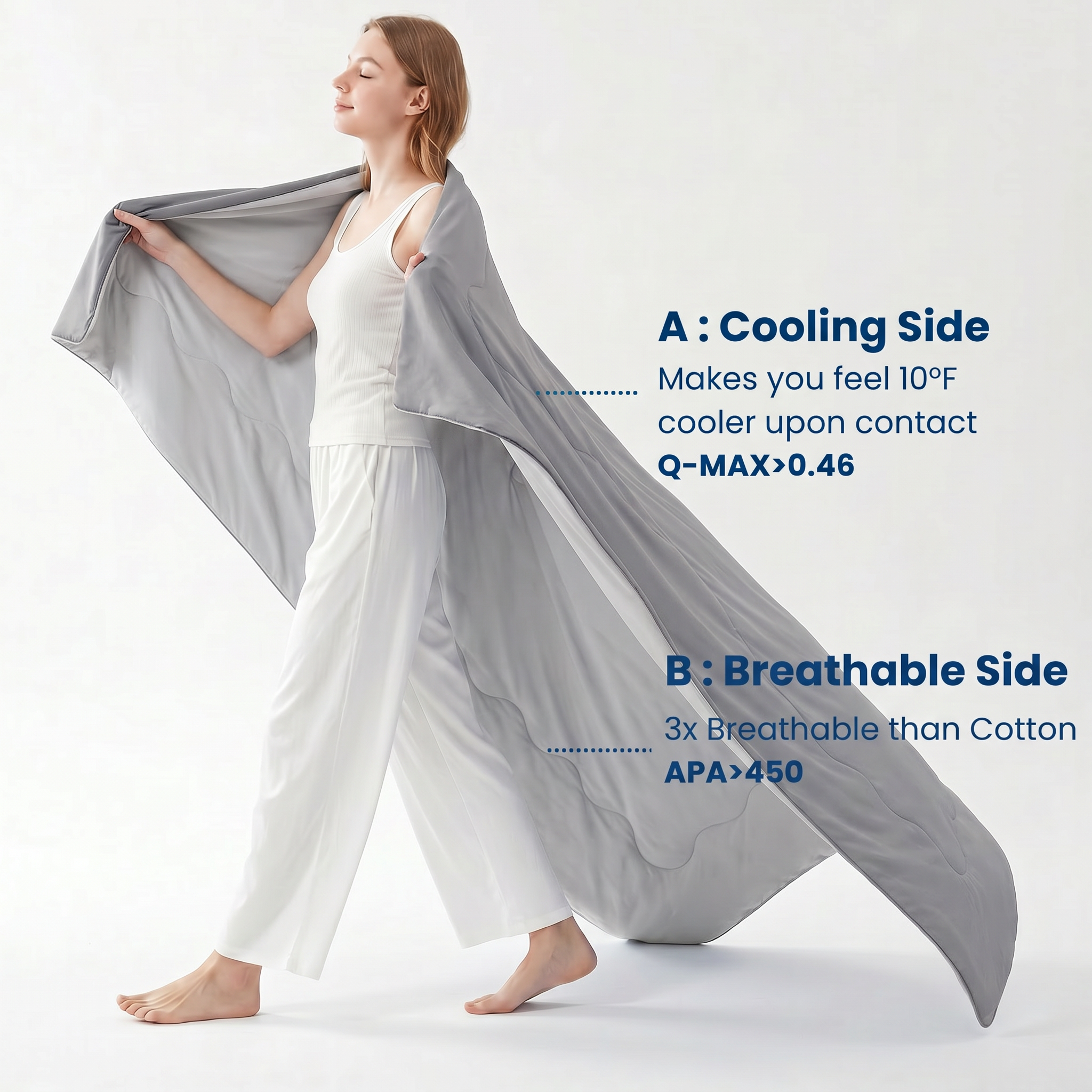 Woman holding a cooling comforter with text on a white background#color_Cool Grey