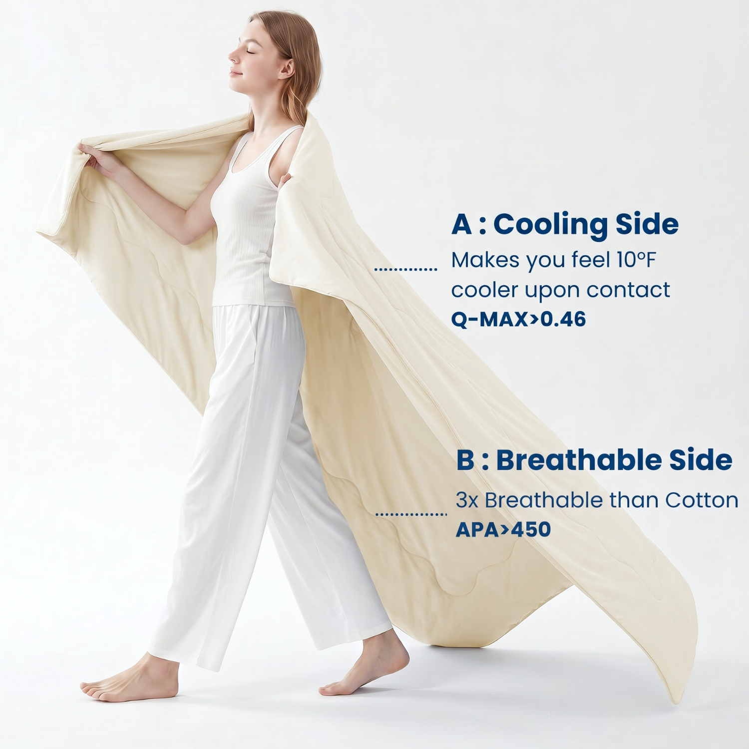 Woman holding a snow ivory fabric with text about cooling and breathability on a white background#color_Snow Ivory