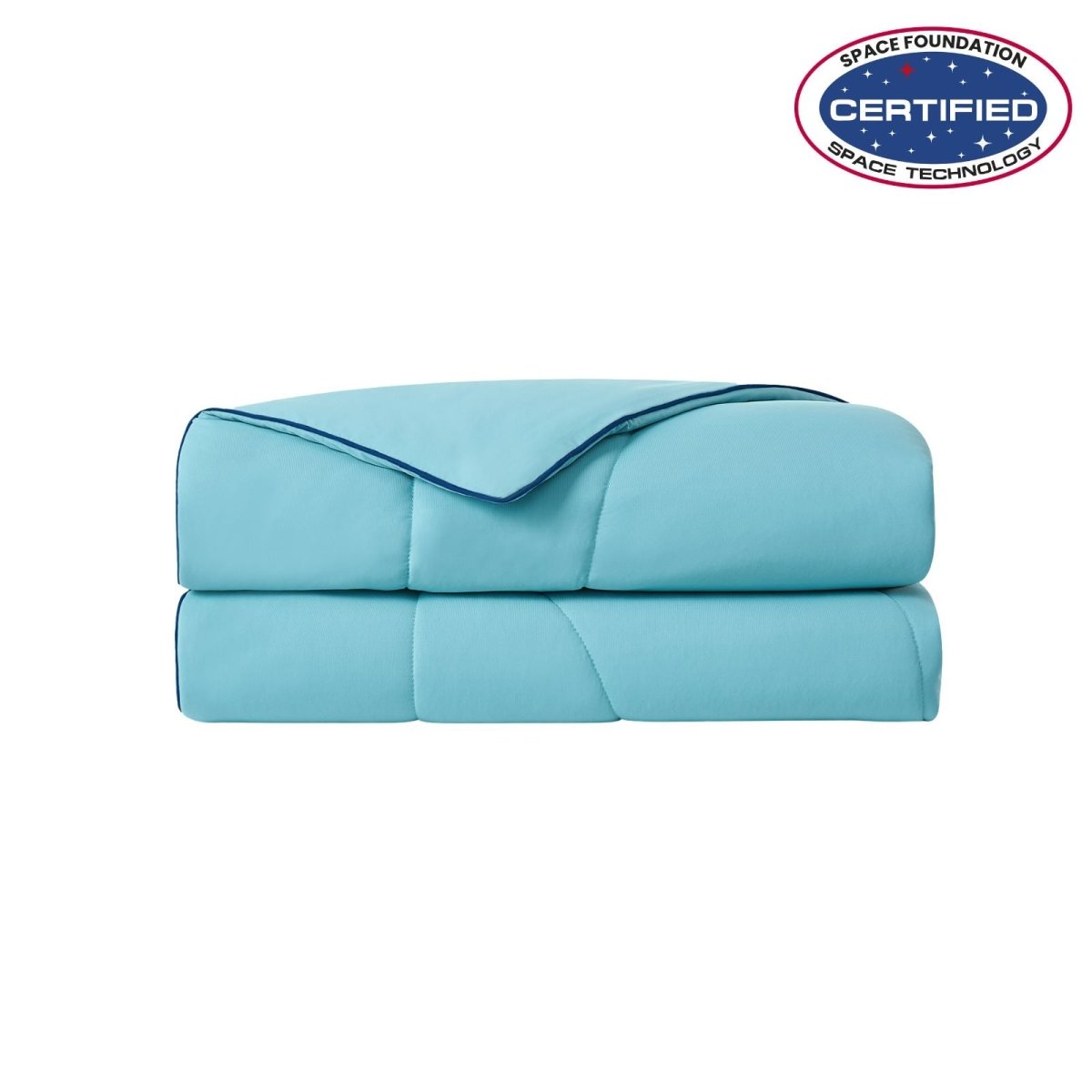 Folded dream blue cooling comforter with Space Foundation certification logo on a white background#color_Dream Blue