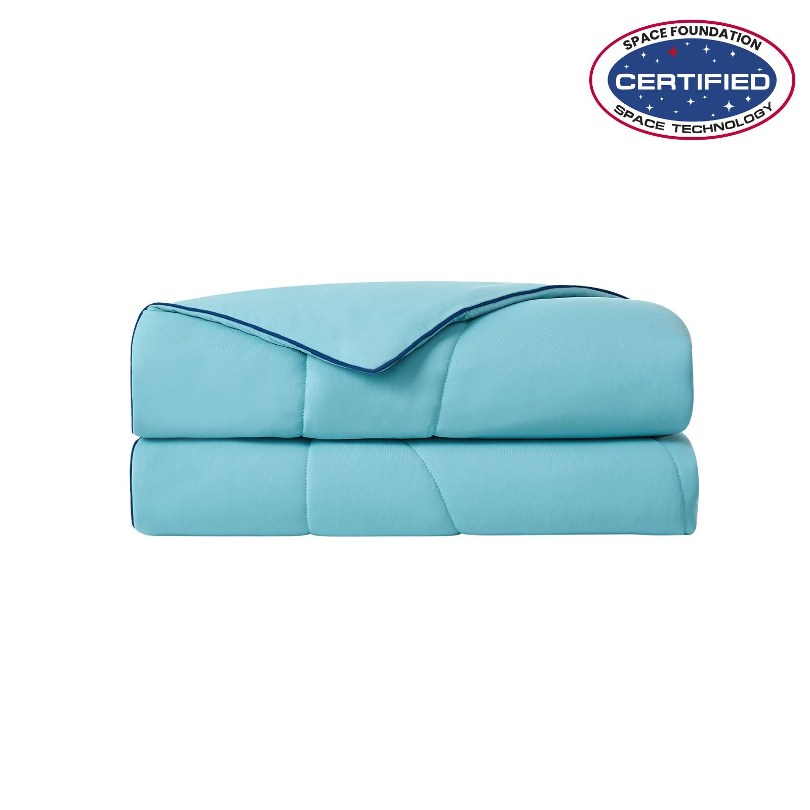 Folded dream blue cooling comforter with Space Foundation certification logo on a white background#color_Dream Blue