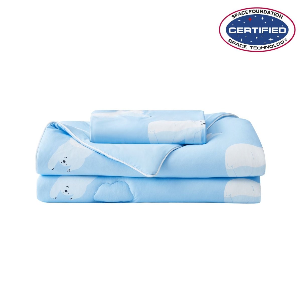 Folded Blue cooling comforter with bear pattern on a white background, featuring Space Foundation and Sleep Score certification.#color_Polar Bear