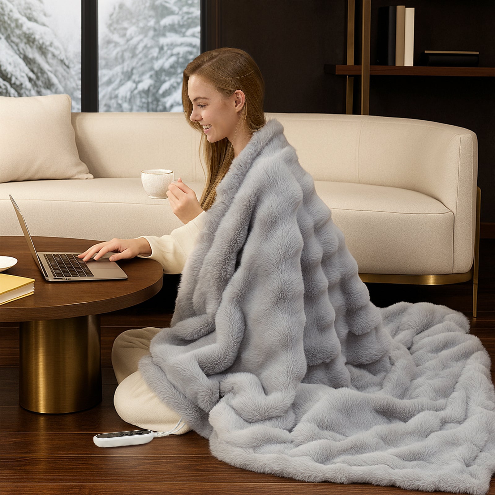 Woman sitting on a couch with a gray fuzzy blanket wrapped around her, using a laptop. #color_Light Grey