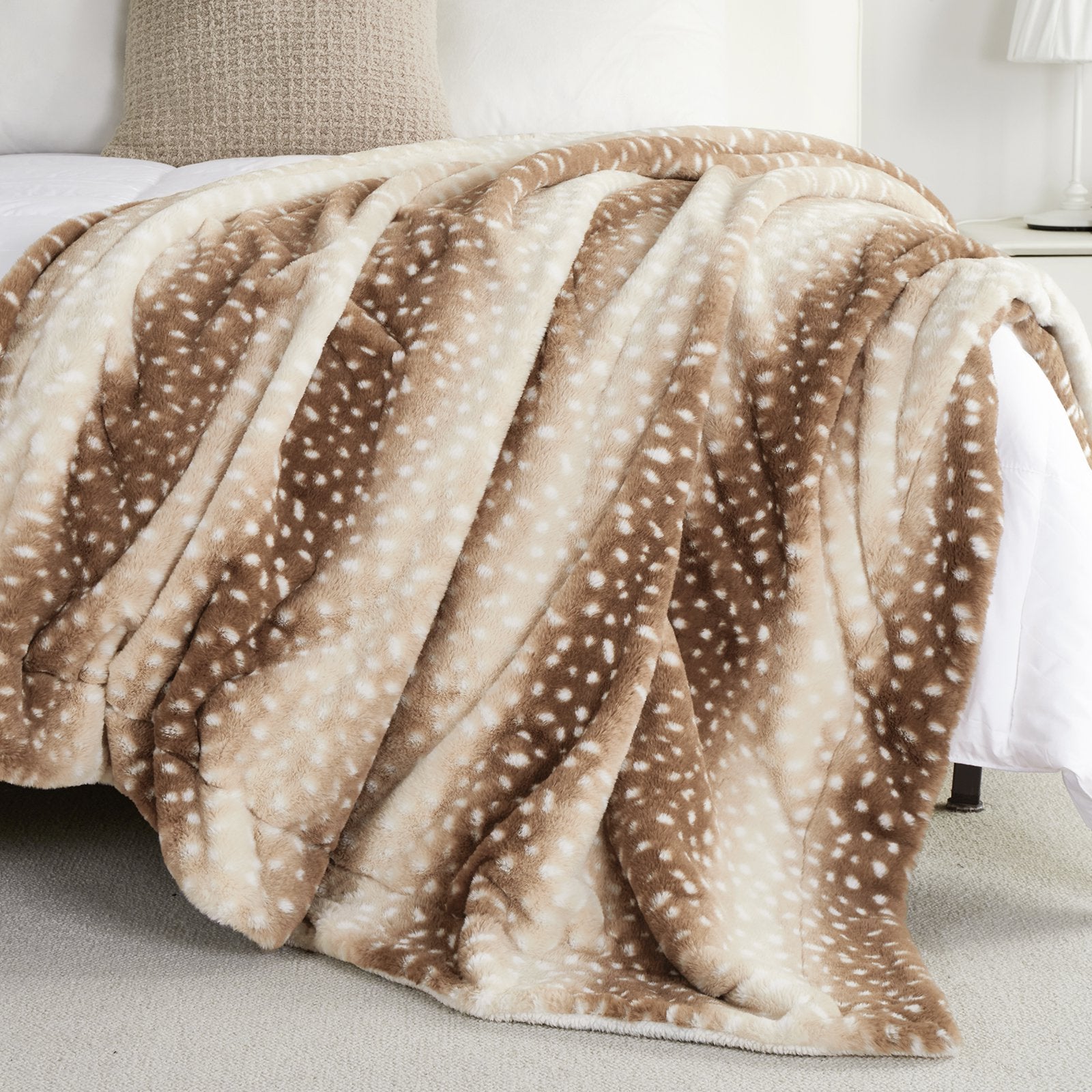 Deer print faux fur throw blanket, brown and cream spots. Cozy, soft blanket for home decor. #color_Brown