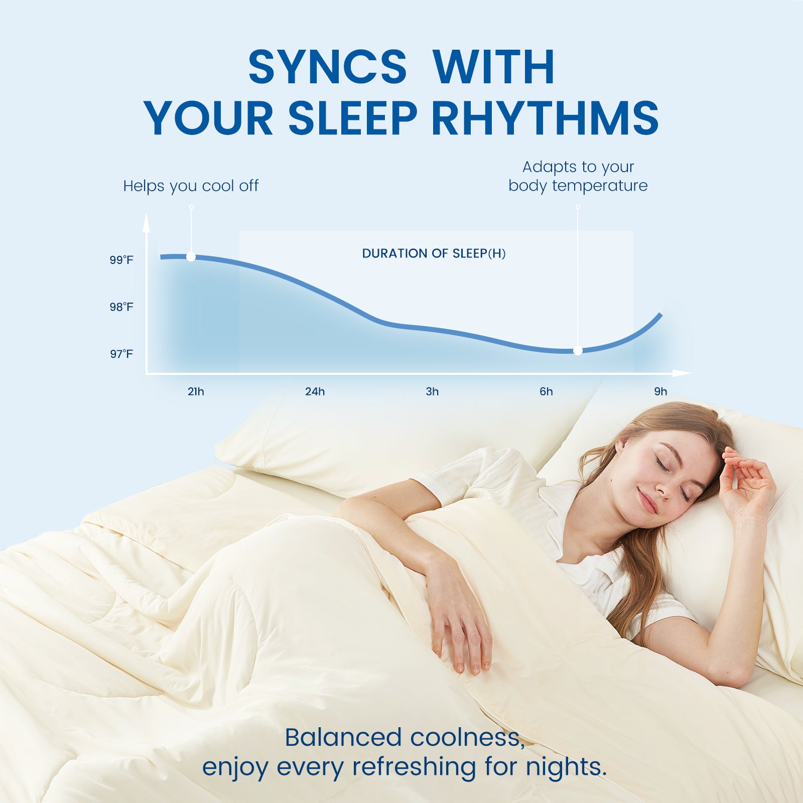 Cooling comforter synchronizes with sleep rhythms for cool, comfortable sleep. Cream-colored, cozy bedding. #Color_Snow Ivory