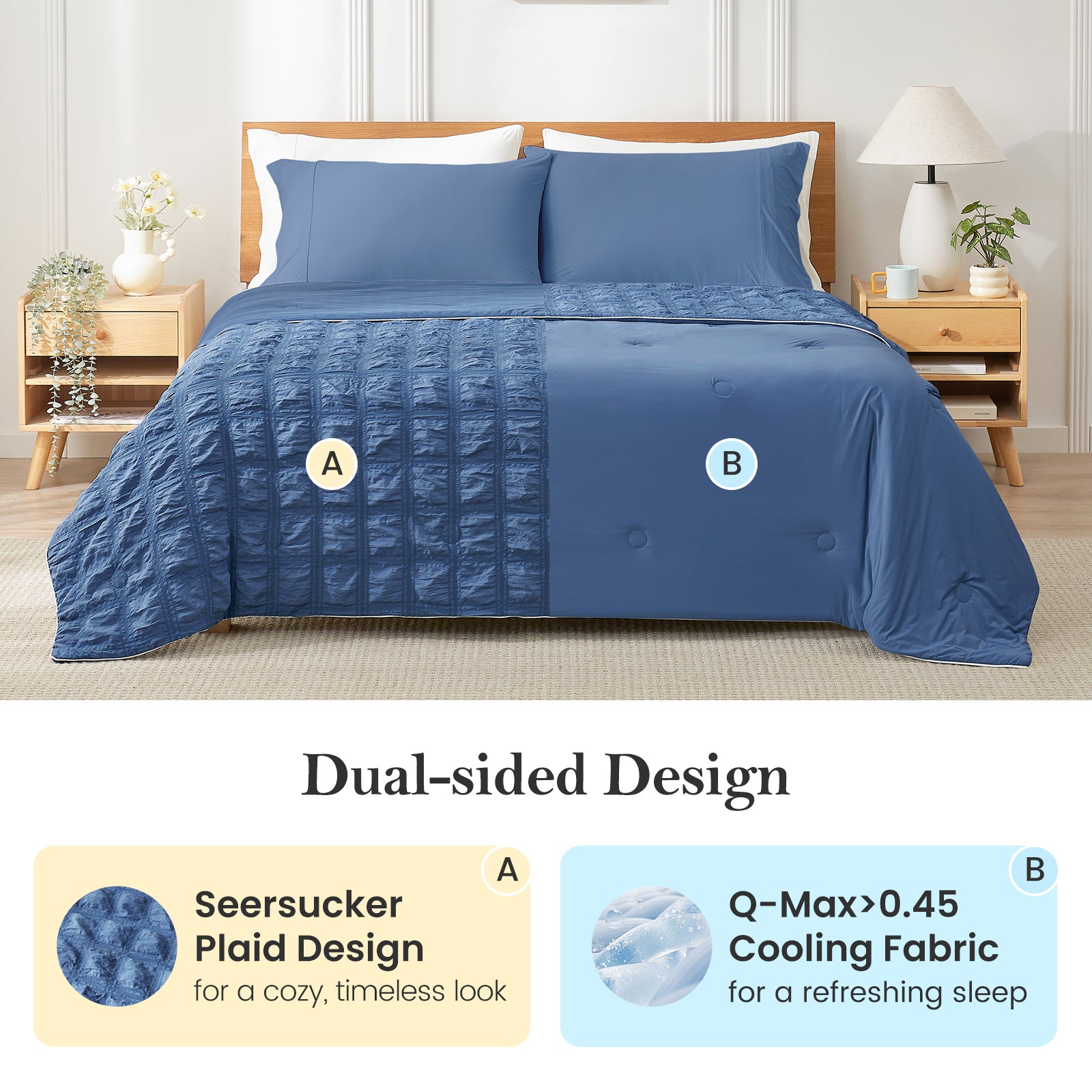 Blue quilt with seersucker plaid and Q-Max cooling fabric on a bed in a bedroom setting. #color_Denim Blue