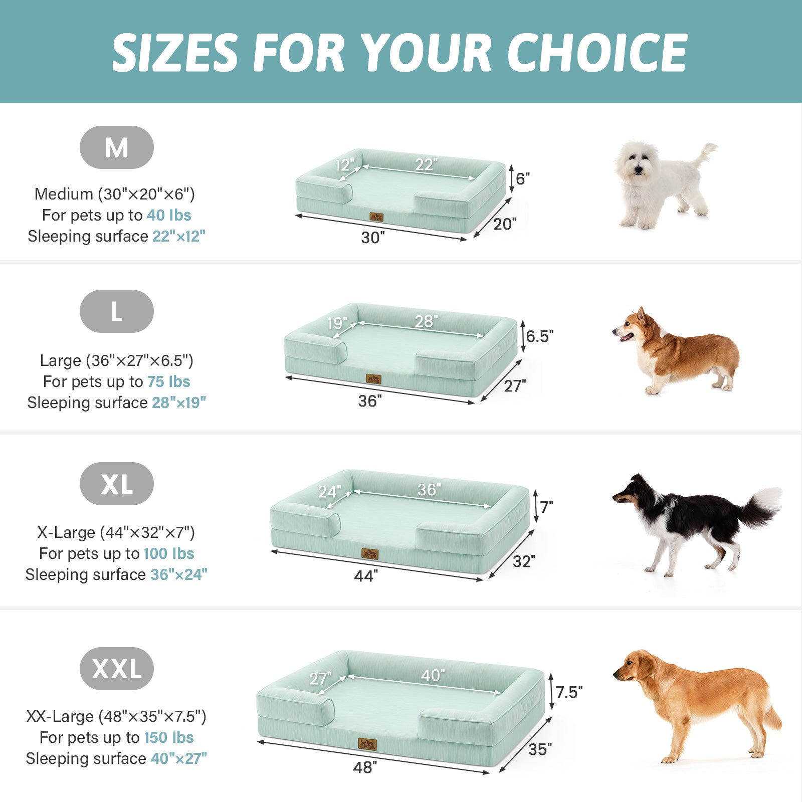 Dog bed size chart with dimensions and weight capacities for different sizes.#color_Sage Green