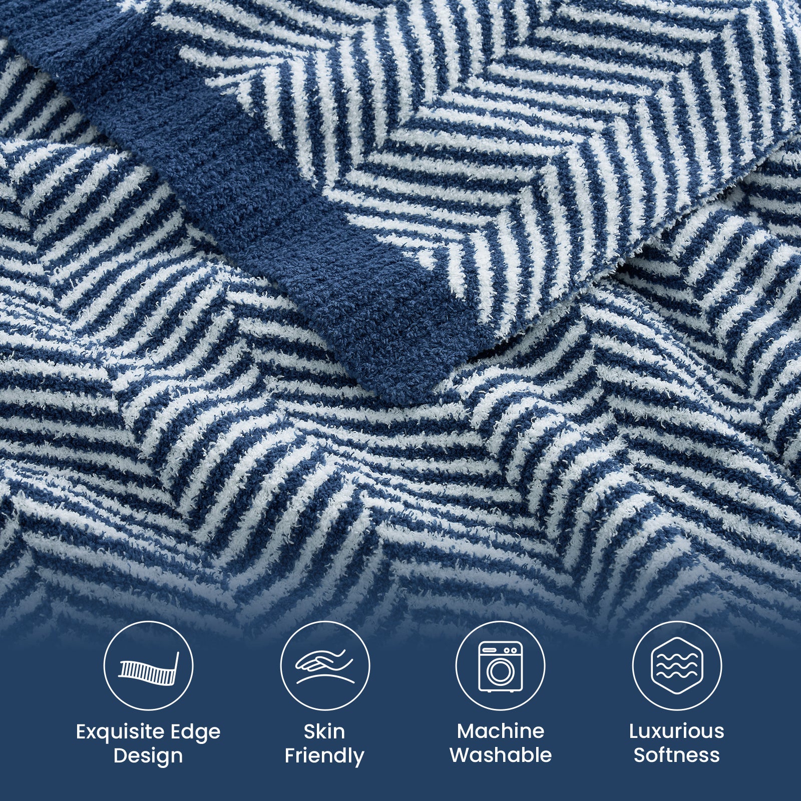 Close-up detail of the herringbone feather yarn knit texture with exquisite edge design #color_Navy Blue