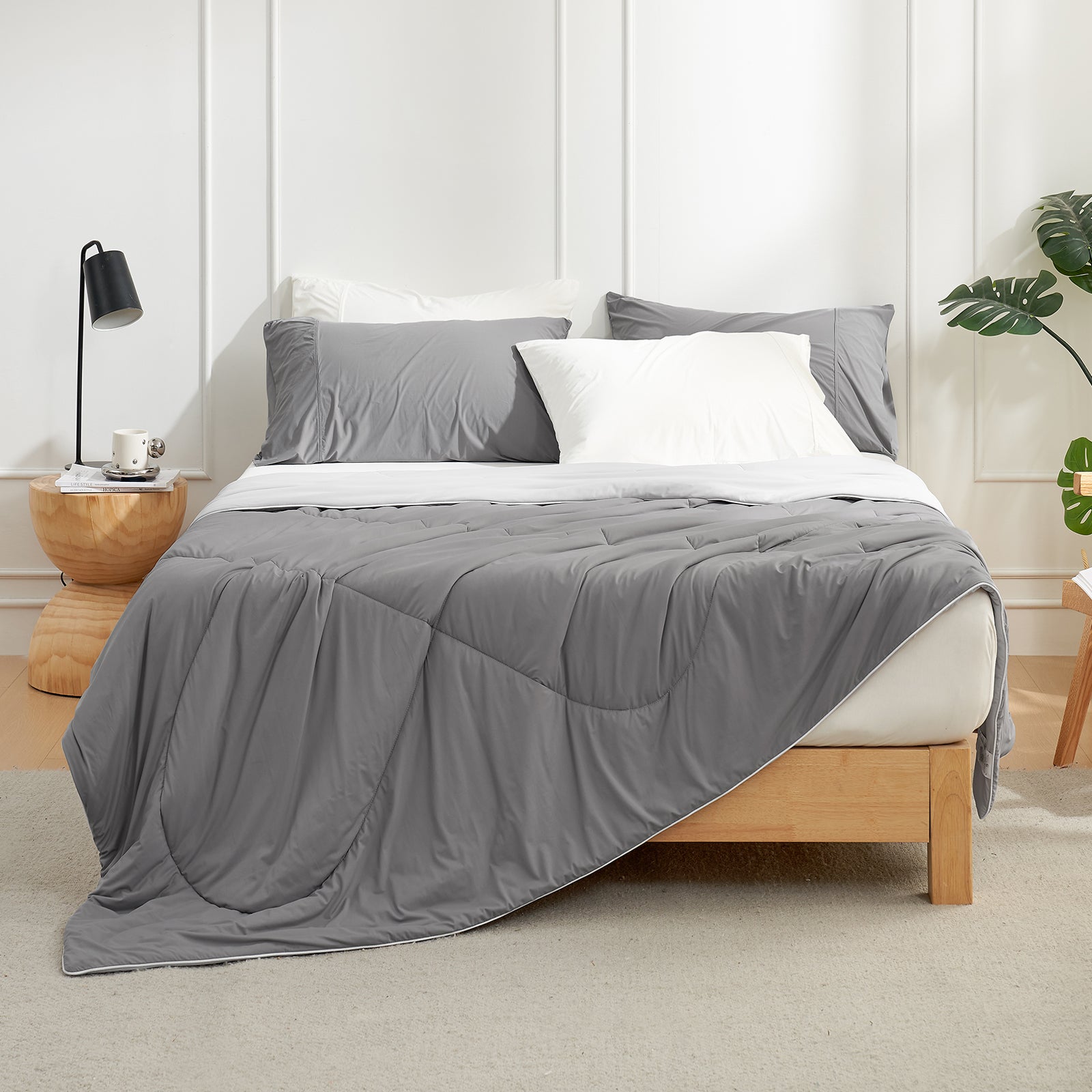 Cozy Bliss cooling comforter on bed, gray and white bedding, breathable for hot sleepers #Color_ Dark/Light Grey
