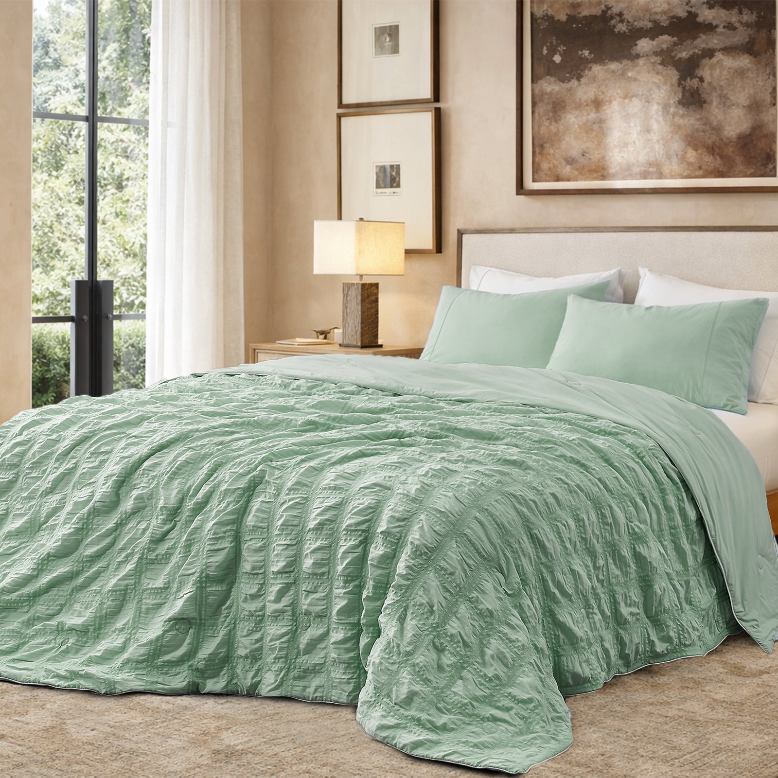 Cozy Bliss sage green seersucker cooling comforter in cozy bedroom, breathable lightweight bedding with textured fabric.#color_Sage Green