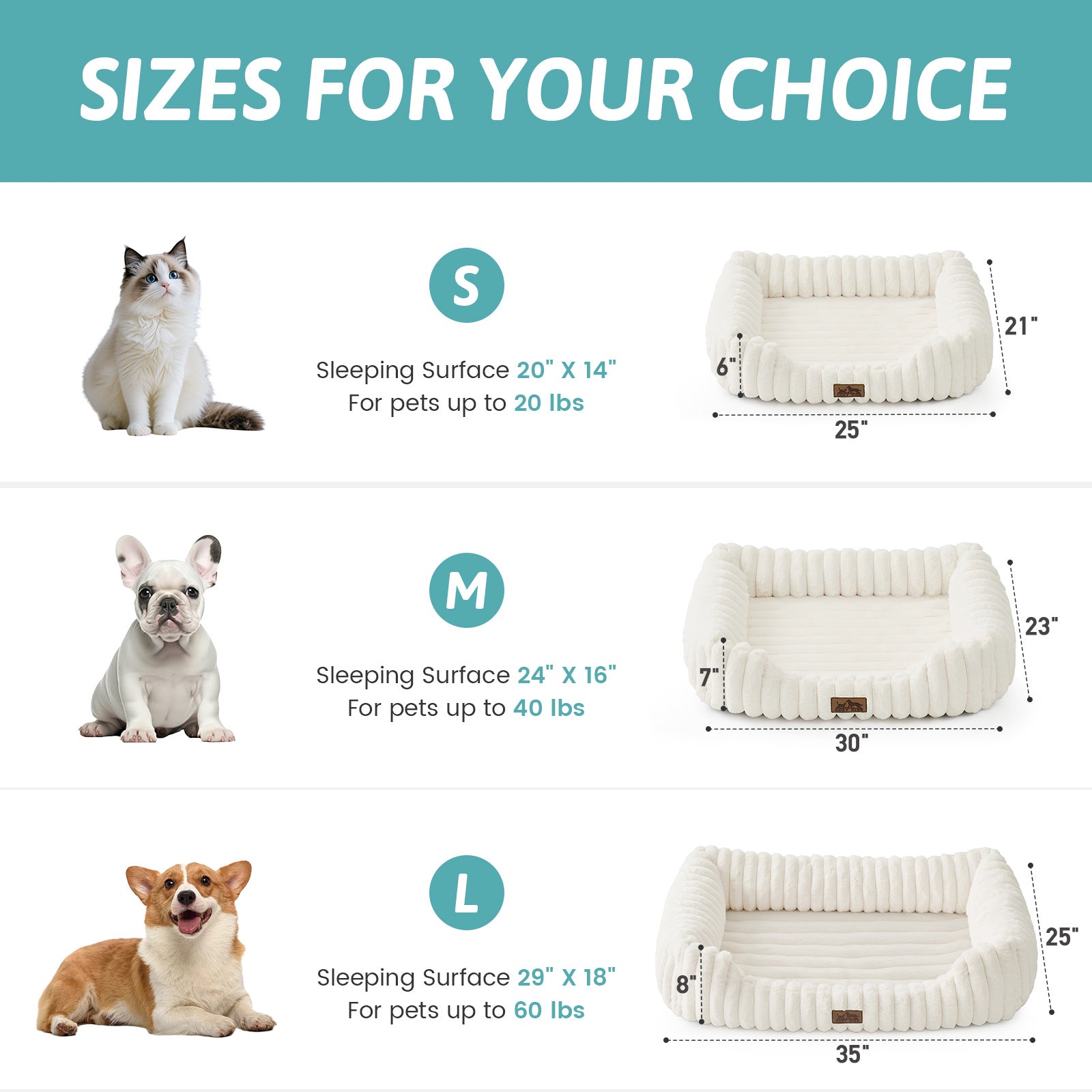 Dog and cat bed size chart with dimensions and weight capacity for different sizes.#Color_Cream White