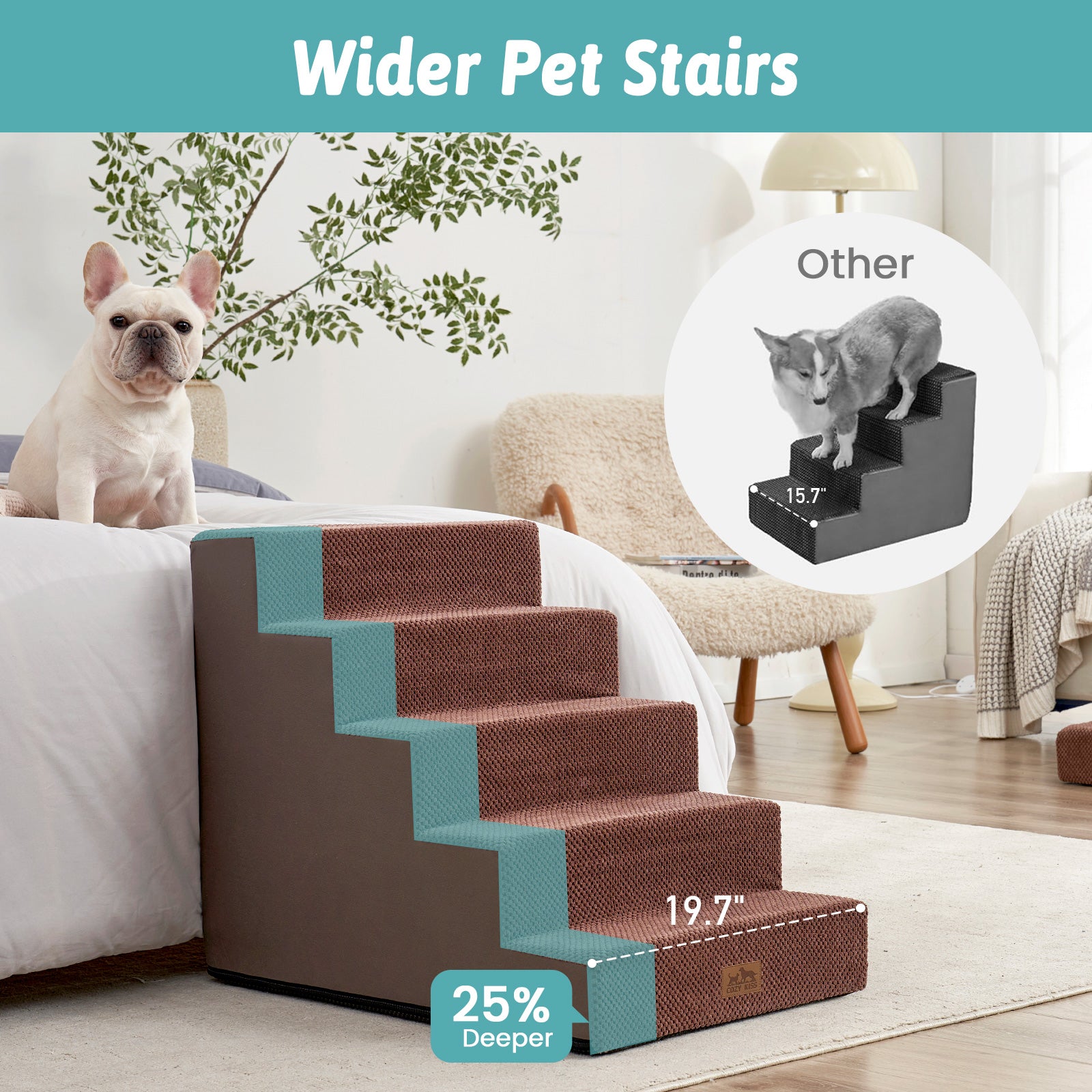 Wider Cozy Bliss foam pet stairs with 25% deeper steps compared to others for better stability. #color_Brown