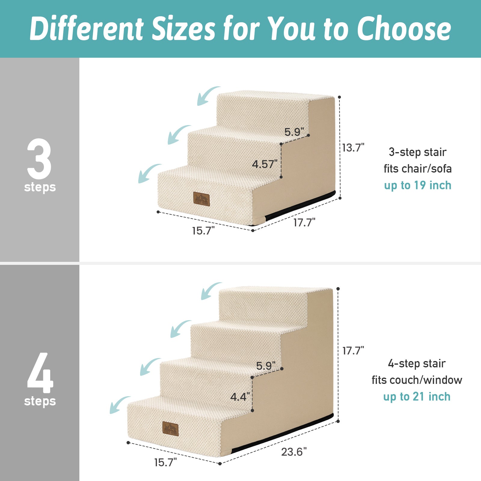 Different sizes of 3-step and 4-step Cozy Bliss foam pet stairs with detailed height measurements. #color_Beige