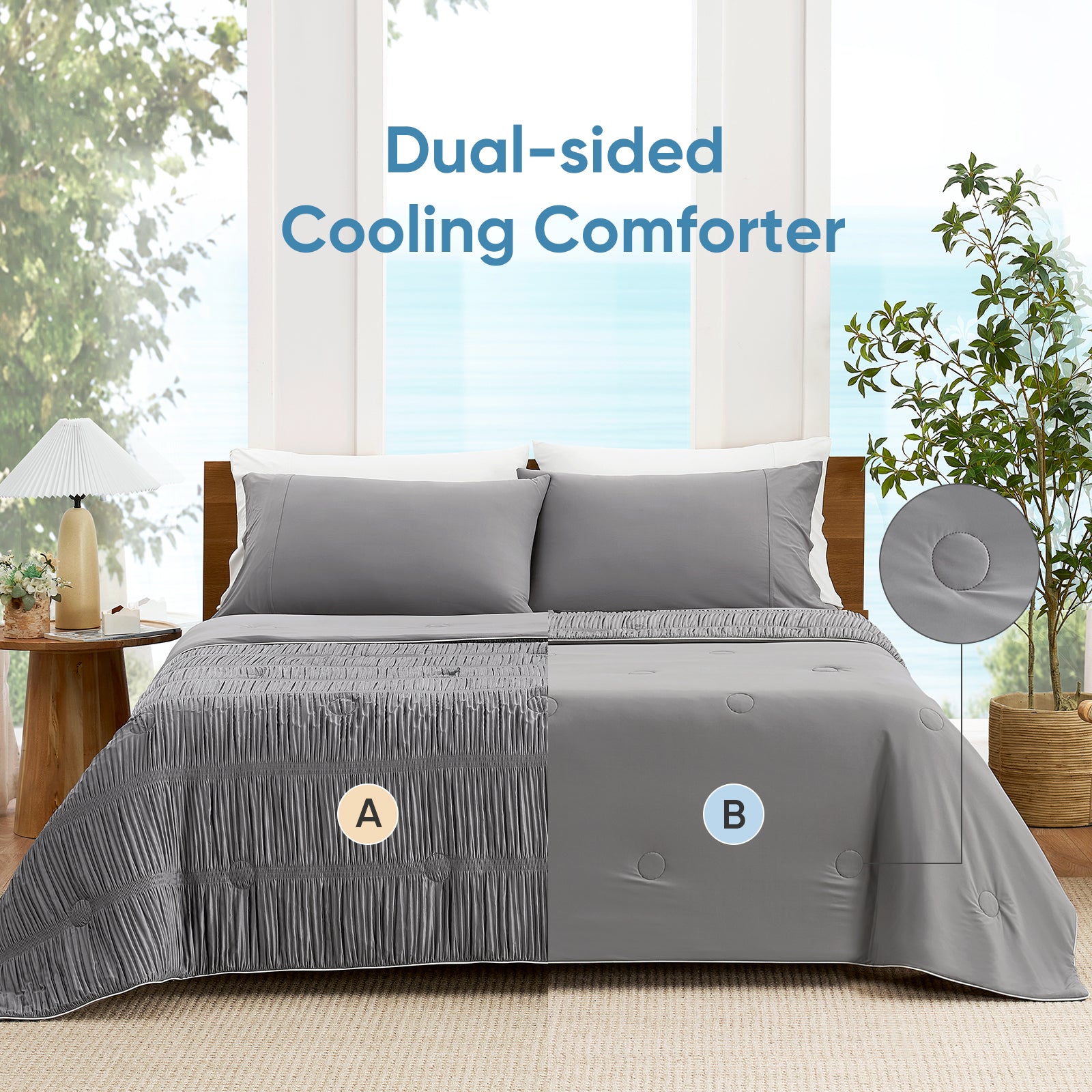 Full bed view of cooling comforter with reversible dual-sided design, showing cooling and breathable sides.#color_Grey