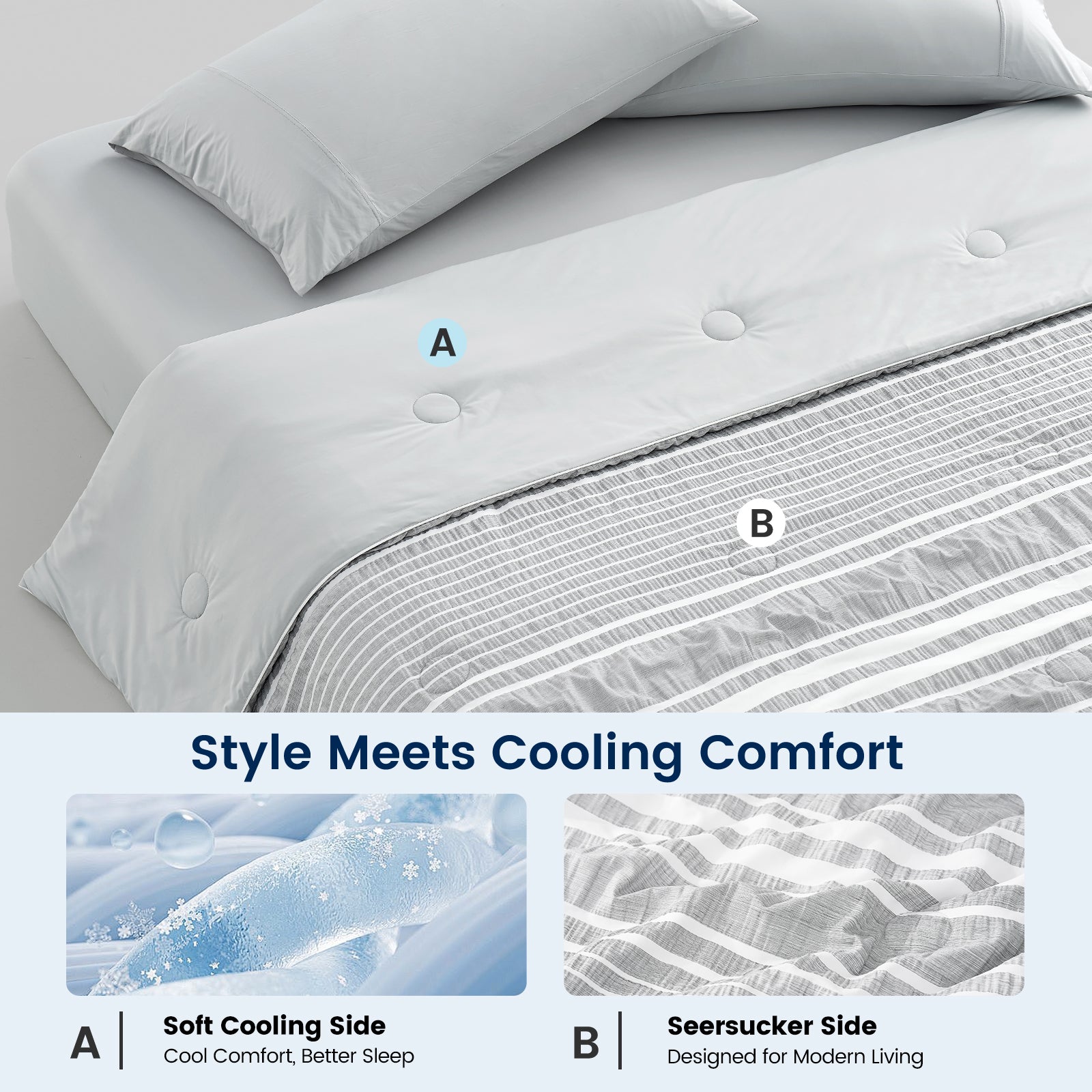 Cozy Bliss cationic dyed striped seersucker cooling comforter in Light Grey with dual-sided cooling design #color_Light Grey