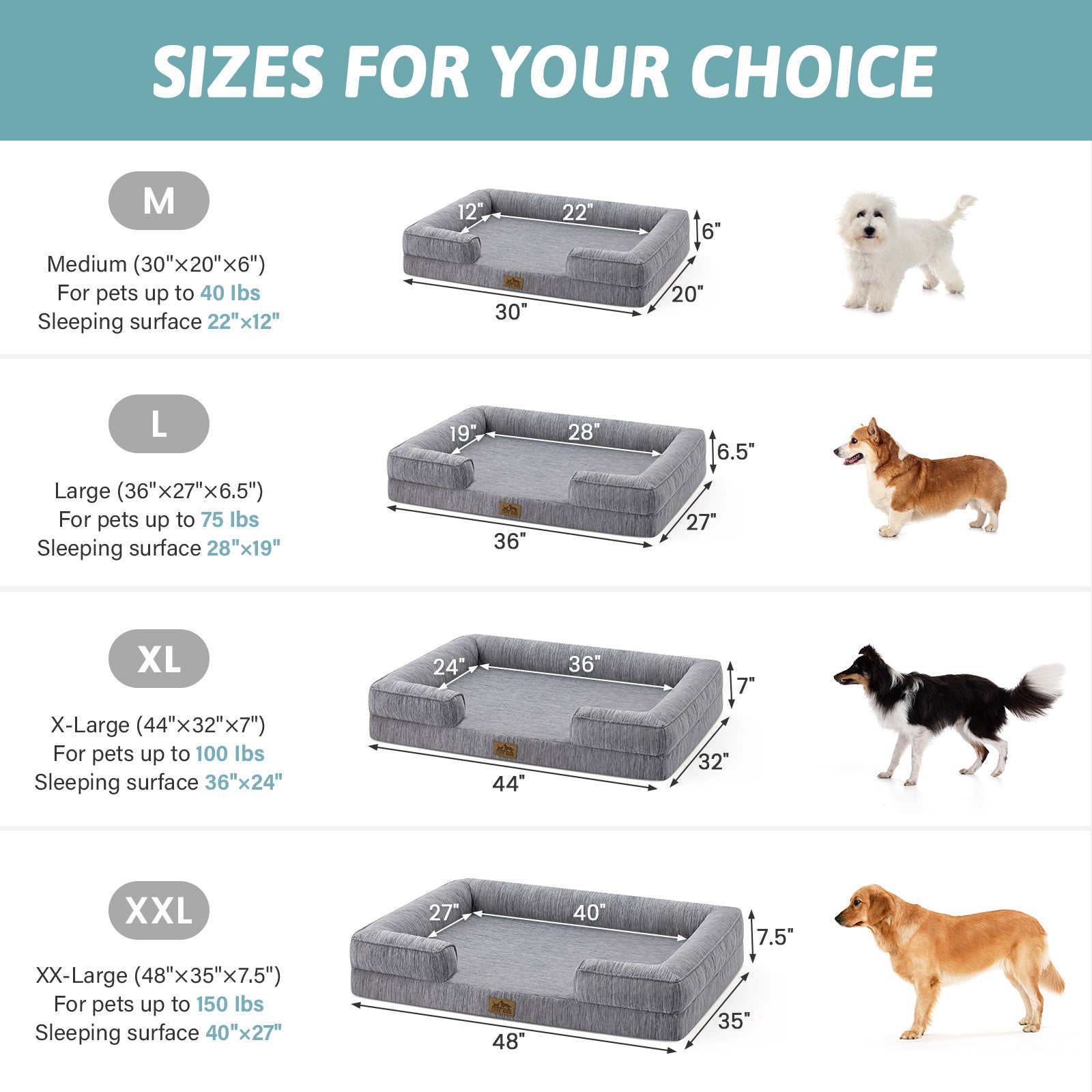 Dog bed size chart with measurements and corresponding dog breeds for each size.#color_Dark Grey