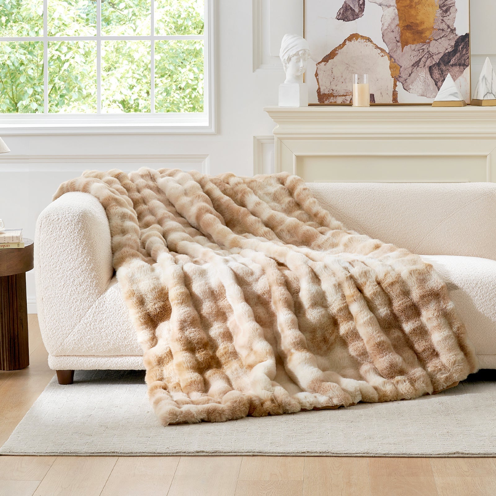 Cozy Bliss faux fur throw blanket in neutral tones draped over a sofa, perfect for cozy comfort. #Color_Tie-dye Beige