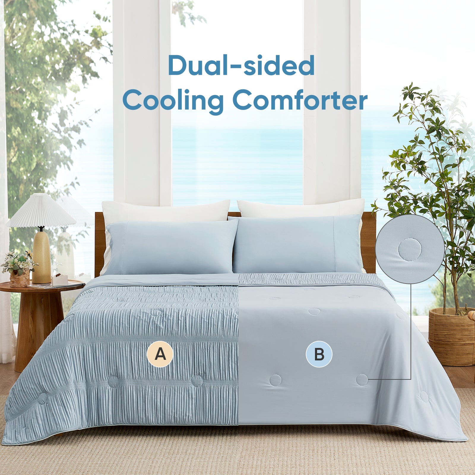 Full bed view of cooling comforter with reversible dual-sided design, showing cooling and breathable sides.#color_Blue