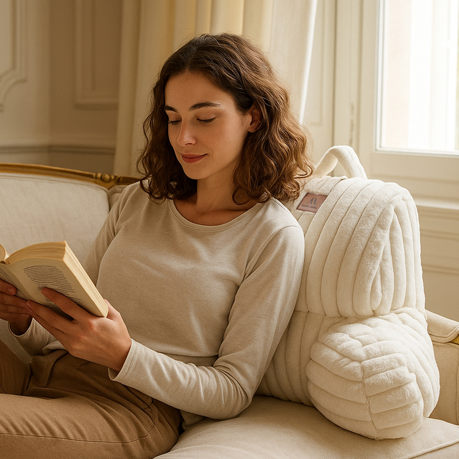 Woman reading a book on a bed with a reading pillow #color_Ivory