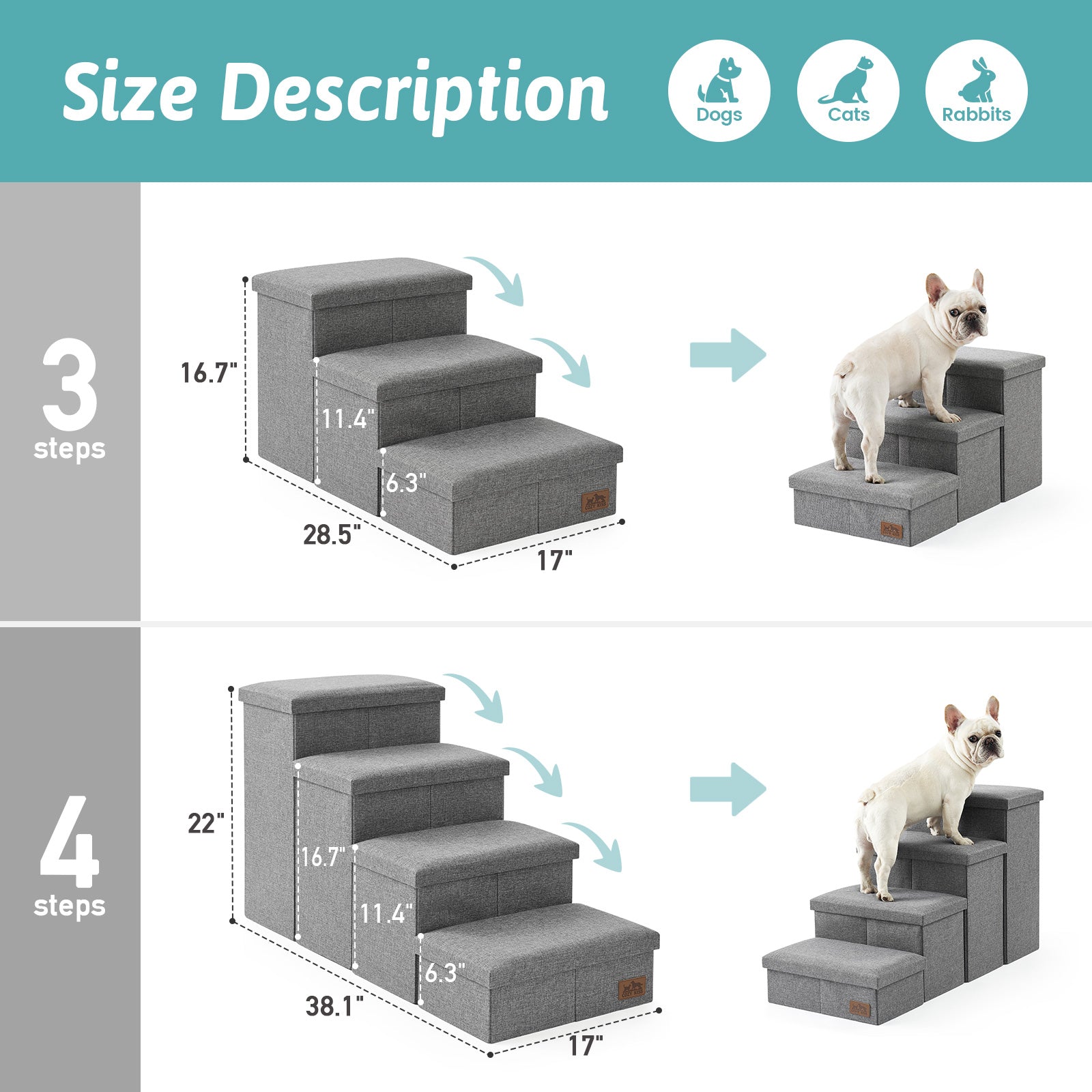 Size description chart for 3-step and 4-step Cozy Bliss storage pet stairs with detailed height and width measurements. #color_Grey