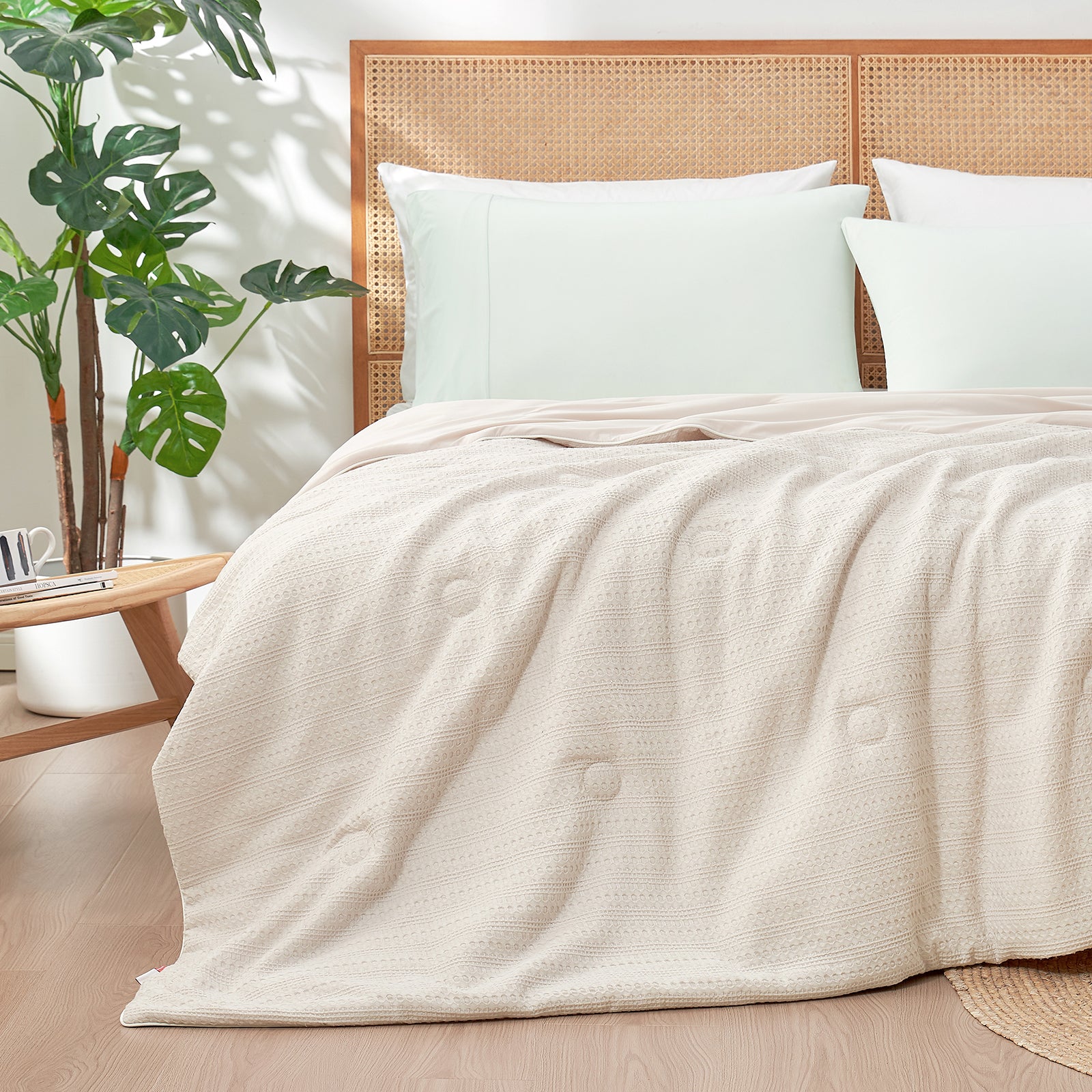 Beige Sorona® Natural Fiber Waffle Cooling Comforter front view.#color_Beige