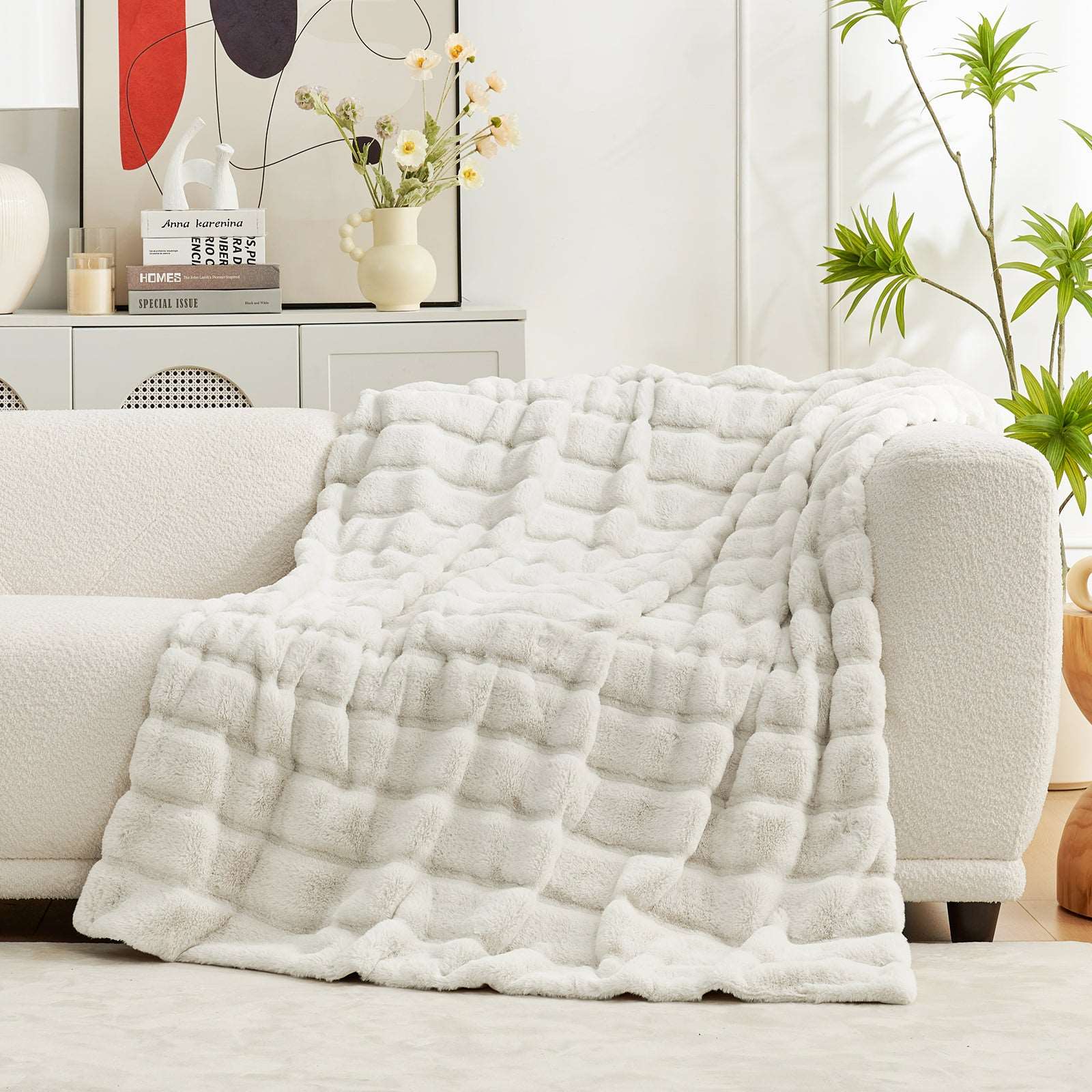 Cozy Bliss white faux fur throw blanket on white sofa, home decor #color_Beige