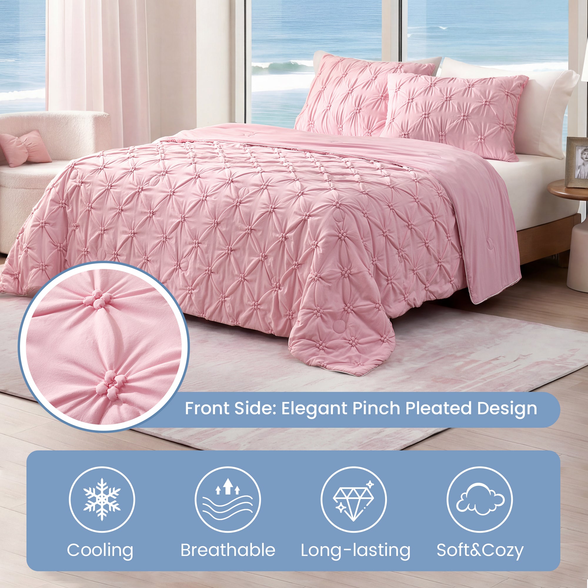 Close-up of pink pintuck cooling comforter design. #Color_Pink
