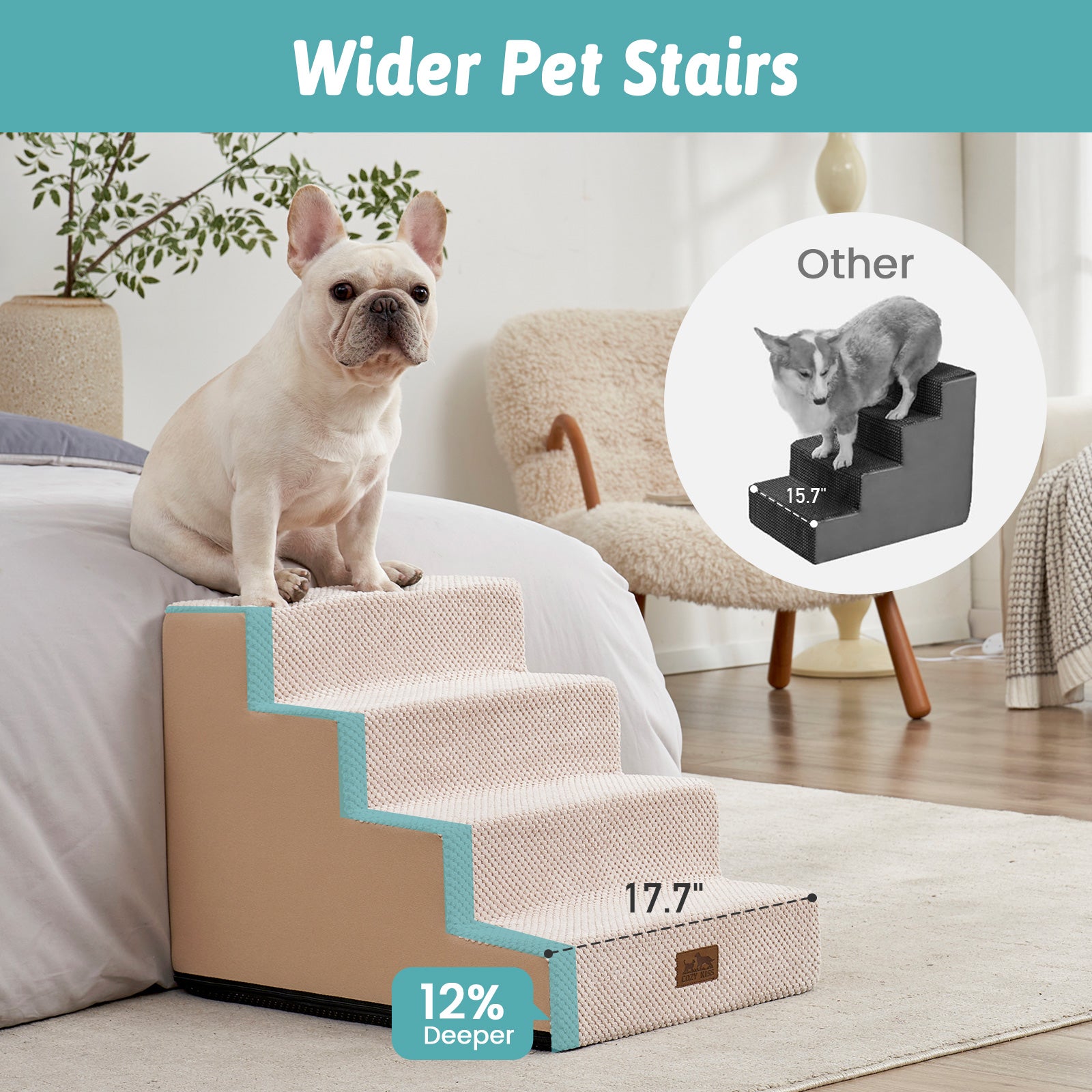 Wider Cozy Bliss foam pet stairs with 12% deeper steps compared to others for better stability. #color_Beige
