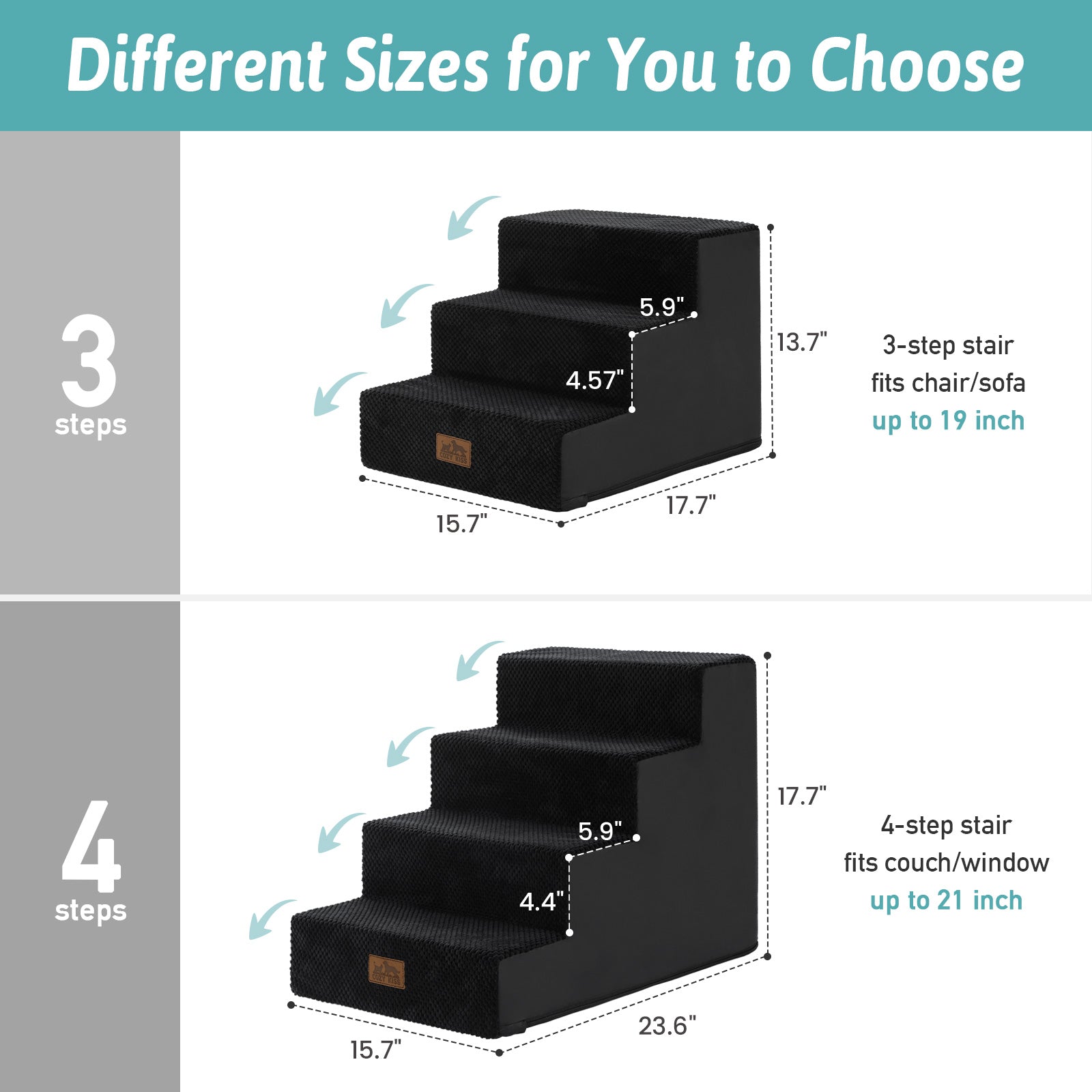 Different sizes of 3-step and 4-step Cozy Bliss foam pet stairs with detailed height measurements. #color_Black