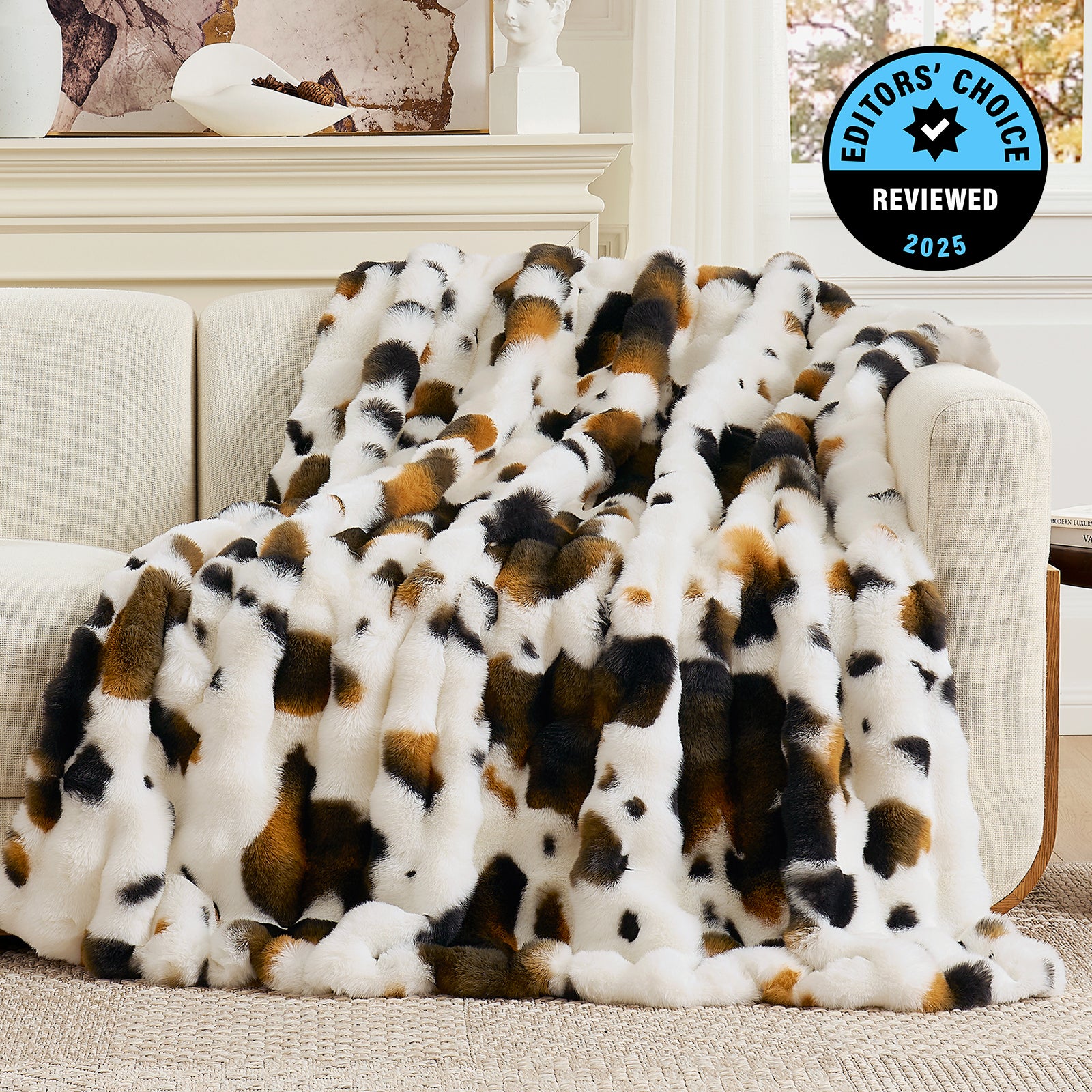 Cozy Bliss Luxurious Bubble Faux Fur Throw Blanket in cow print front view. #Color_Cow