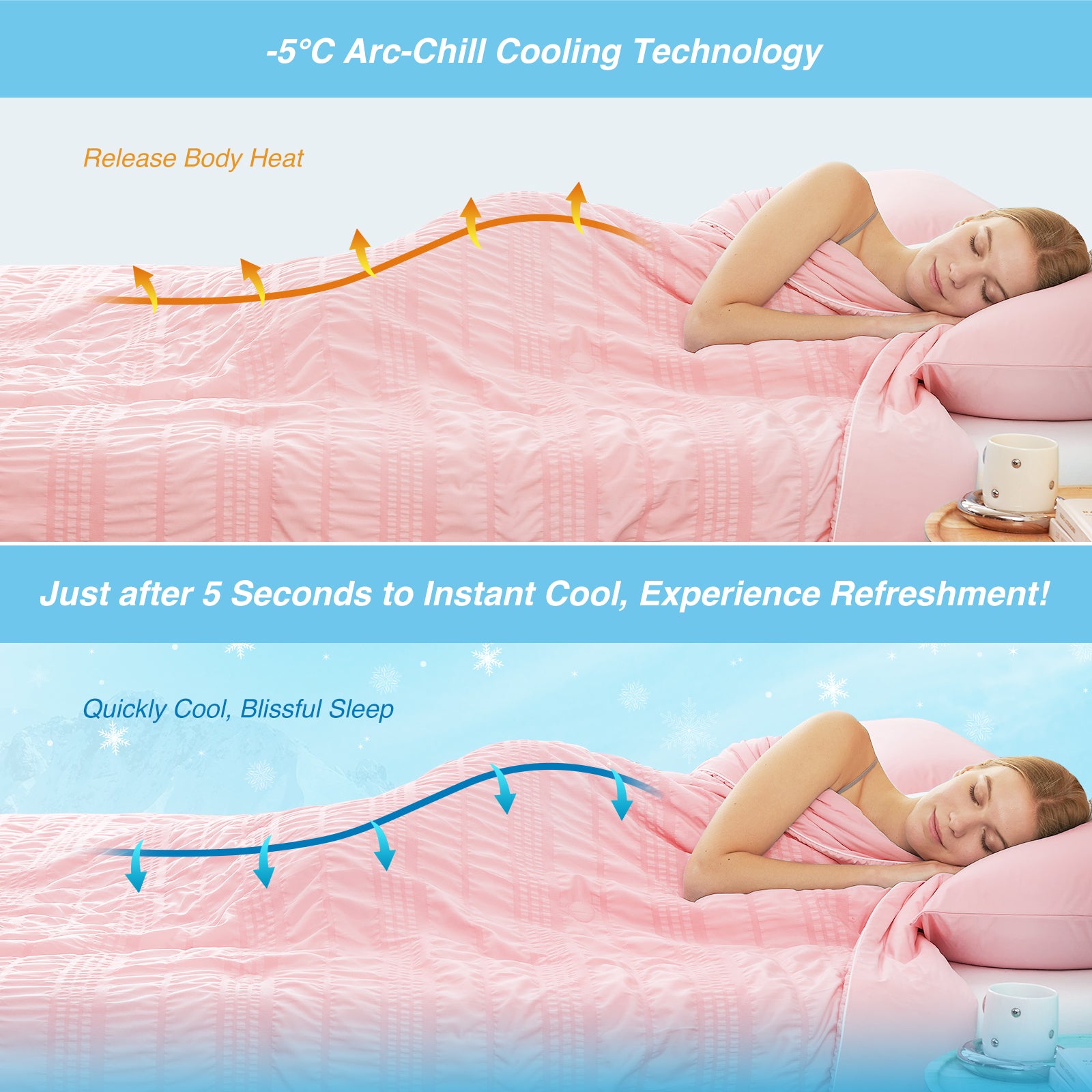Pink Cozy Bliss cooling comforter with Arc-Chill tech for cool, refreshing, and blissful sleep. #color_Pink