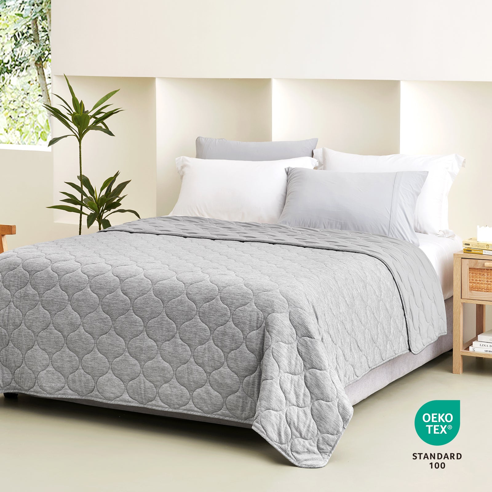 Gray cooling blanket on bed, cloud pattern design, OEKO-TEX certified #color_Silver Grey