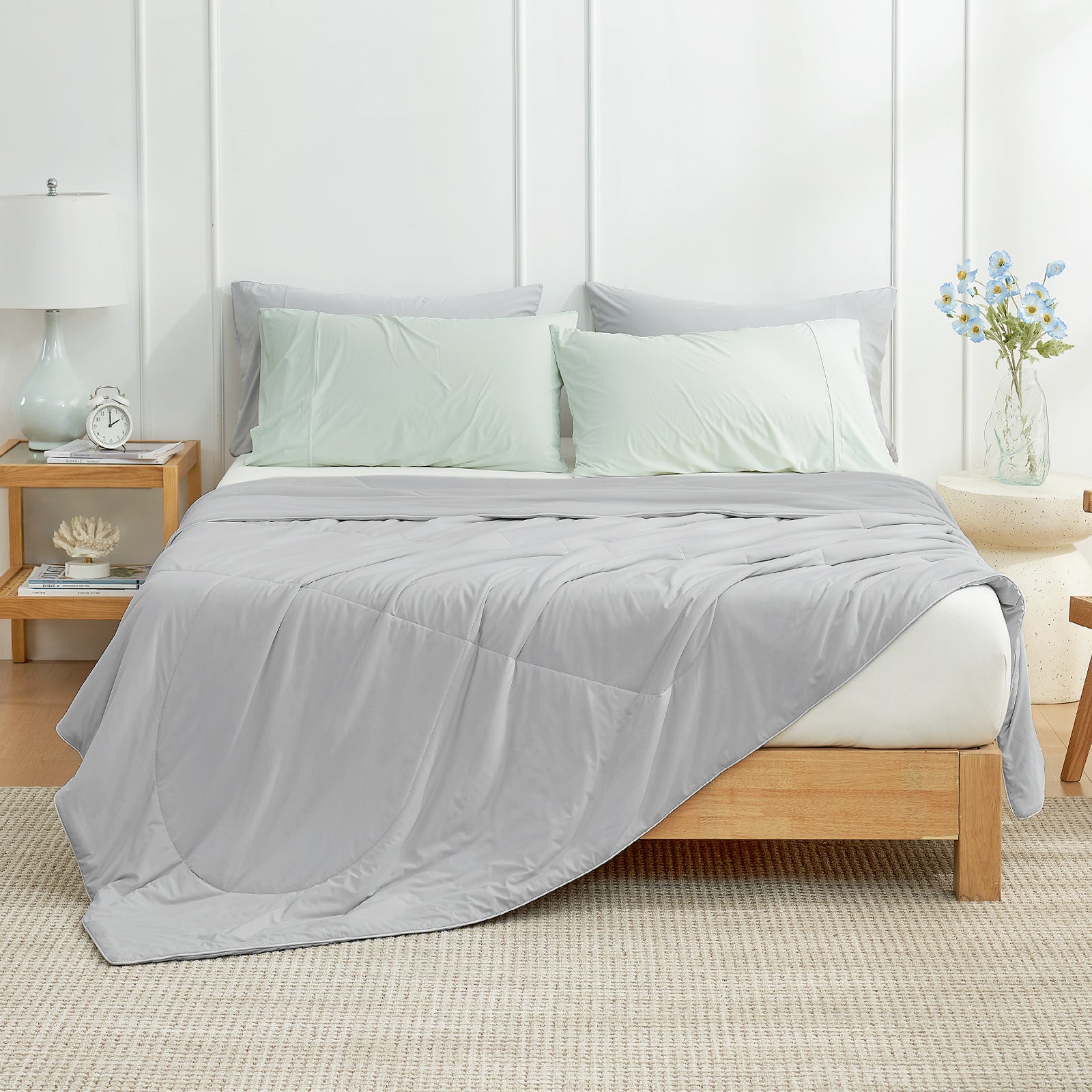 Cozy Bliss gray cooling blanketon bed, modern bedroom. #Color_Grey
